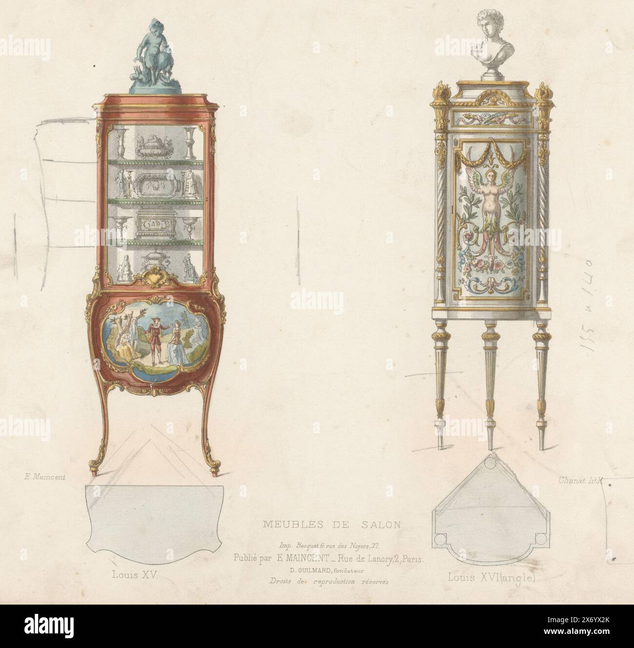 Two cabinets with statues, Meubles de salon, Louis XV, Louis XVI (angle) (title on object), Le garde-meuble, Collection de Meubles (series title on object), Two narrow cabinets in the styles of Louis, on top of which are a statue and bust. Print from 295th Livraison., print, print maker: Chanat, (mentioned on object), printer: Becquet frères, (mentioned on object), publisher: Eugène Maincent, (mentioned on object), Paris, 1885 - 1895, paper, height, 276 mm × width, 359 mm Stock Photo