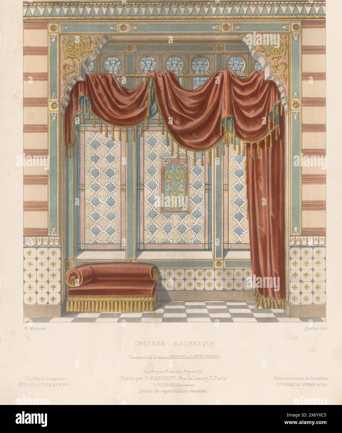 Window with curtains, Croisée Mauresque (title on object), Le Garde-Meuble, Collection de Tentures (series title on object), Cross window with draped curtains and sofa in Moorish style. Print from 295th Livraison., print, print maker: Quéton, (mentioned on object), after design by: Eugène Maincent, (mentioned on object), printer: Becquet, (mentioned on object), Paris, c. 1885 - c. 1895, paper, height, 359 mm × width, 274 mm Stock Photo