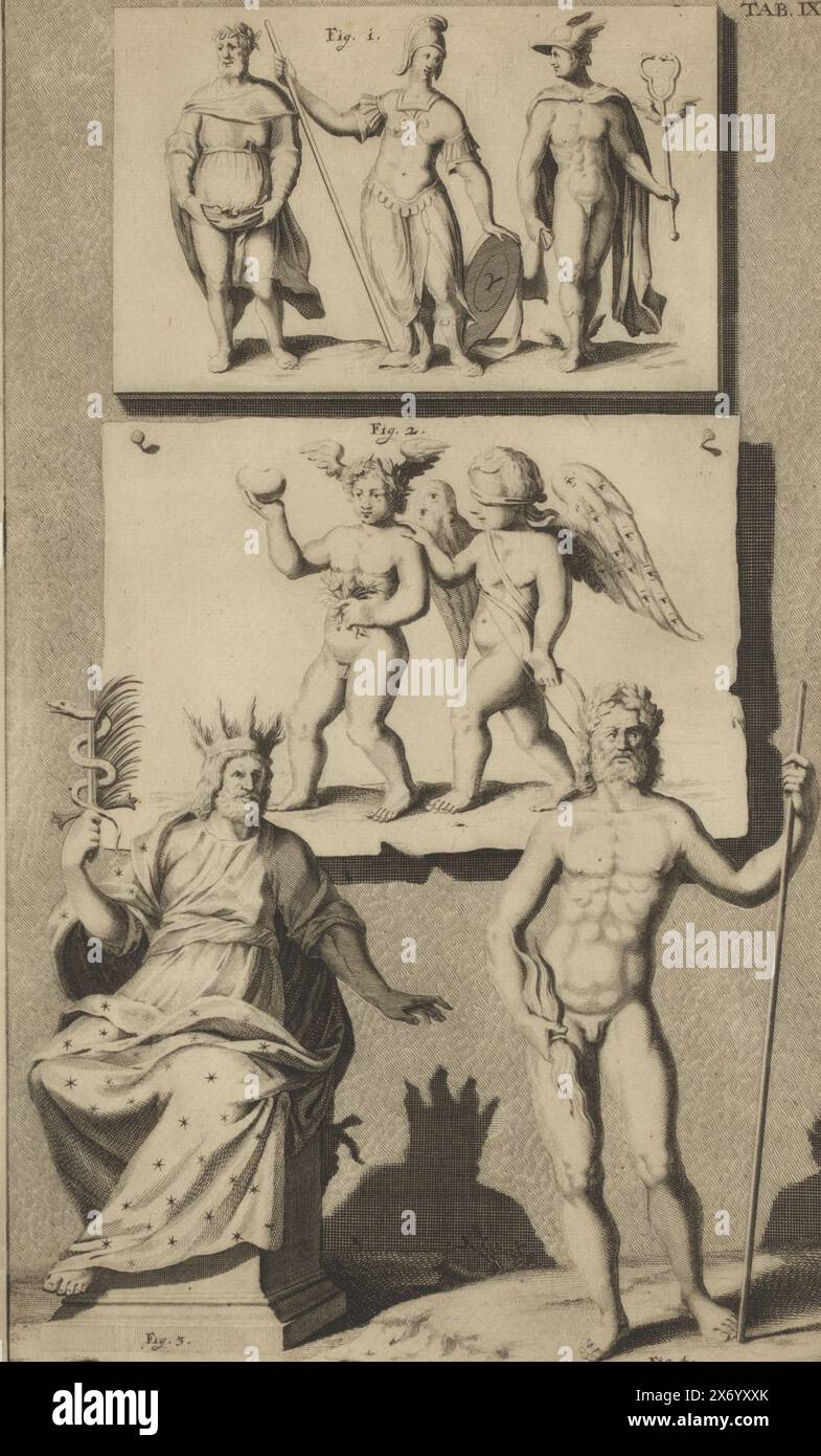 Composition with relief, drawing or painting and two statues of Asclepius and Jupiter, The figures are numbered from Fig. 1 to Fig. 4. The whole is numbered at the top right: TAB. IX., print, print maker: anonymous, 1700 - 1799, paper, etching, engraving, height, 343 mm × width, 208 mm Stock Photo