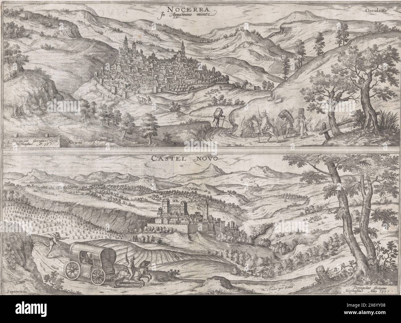 View of Nocera Umbra and view of Castelnuovo di Porto in Italy, Nocerra in Appennino monte, Castel Novo. (title on object), print, print maker: Abraham Hogenberg, (possibly), print maker: Joris Hoefnagel, (possibly), after drawing by: Joris Hoefnagel, (mentioned on object), 1596 - 1597, paper, etching, letterpress printing, height, 351 mm × width, 479 mm Stock Photo