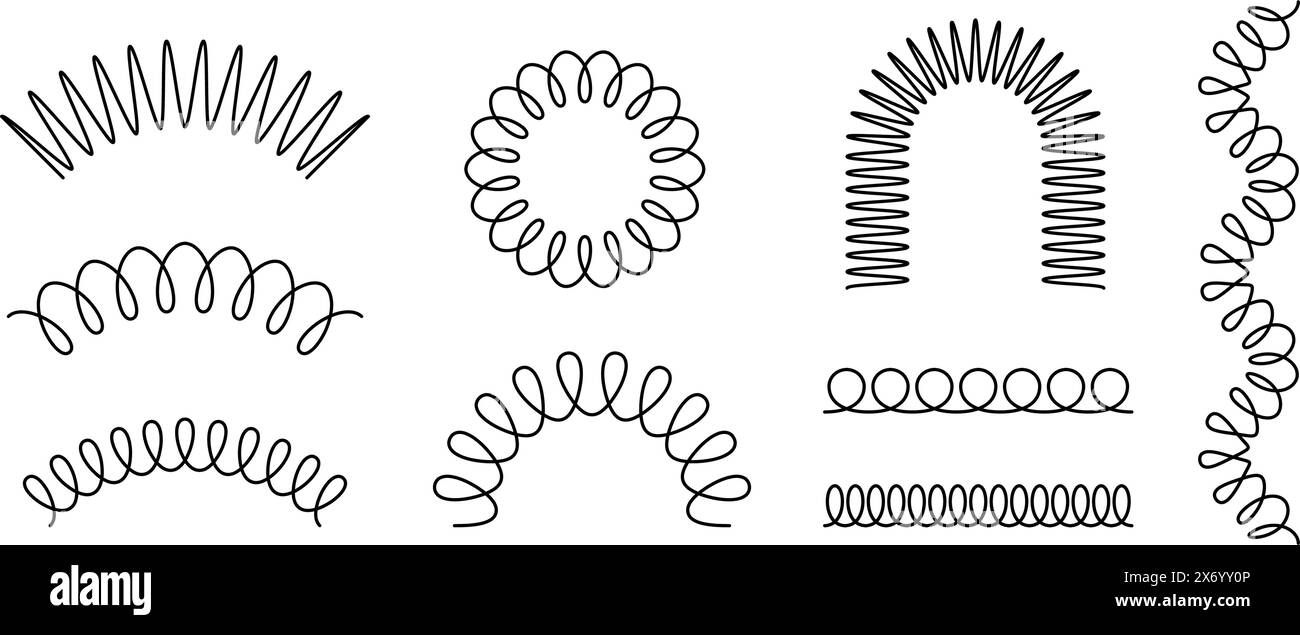 Black spiral spring set. Wire coil springs collection. Thin wire frames, zigzag lines, metal waves, flexible coils and arch elements pack for graphic design templates, decor, border. Vector bundle Stock Vector
