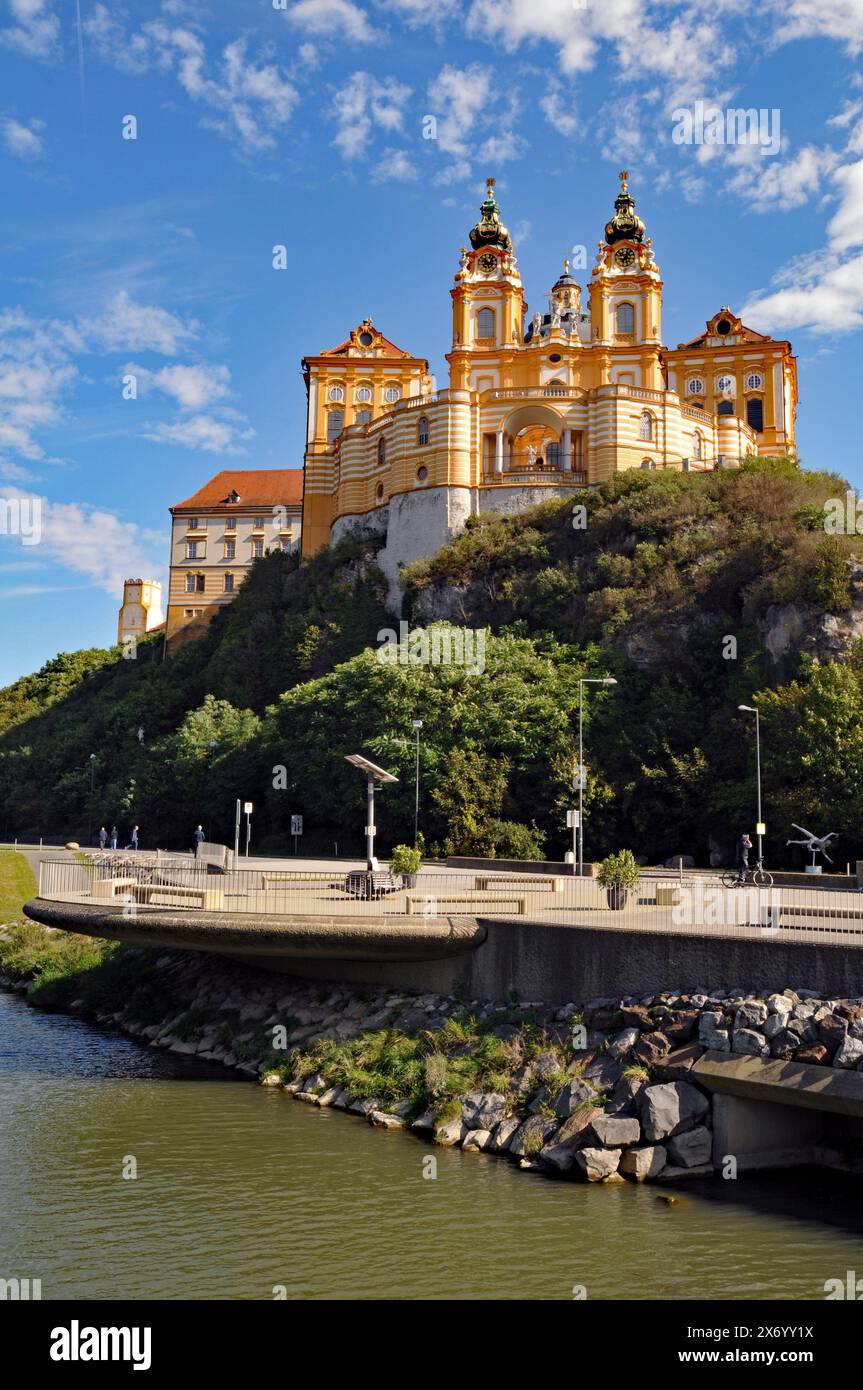 Historic Melk Abbey, a Wachau Valley landmark, sits on an outcrop above the Danube River in the town of Melk, Austria. Stock Photo