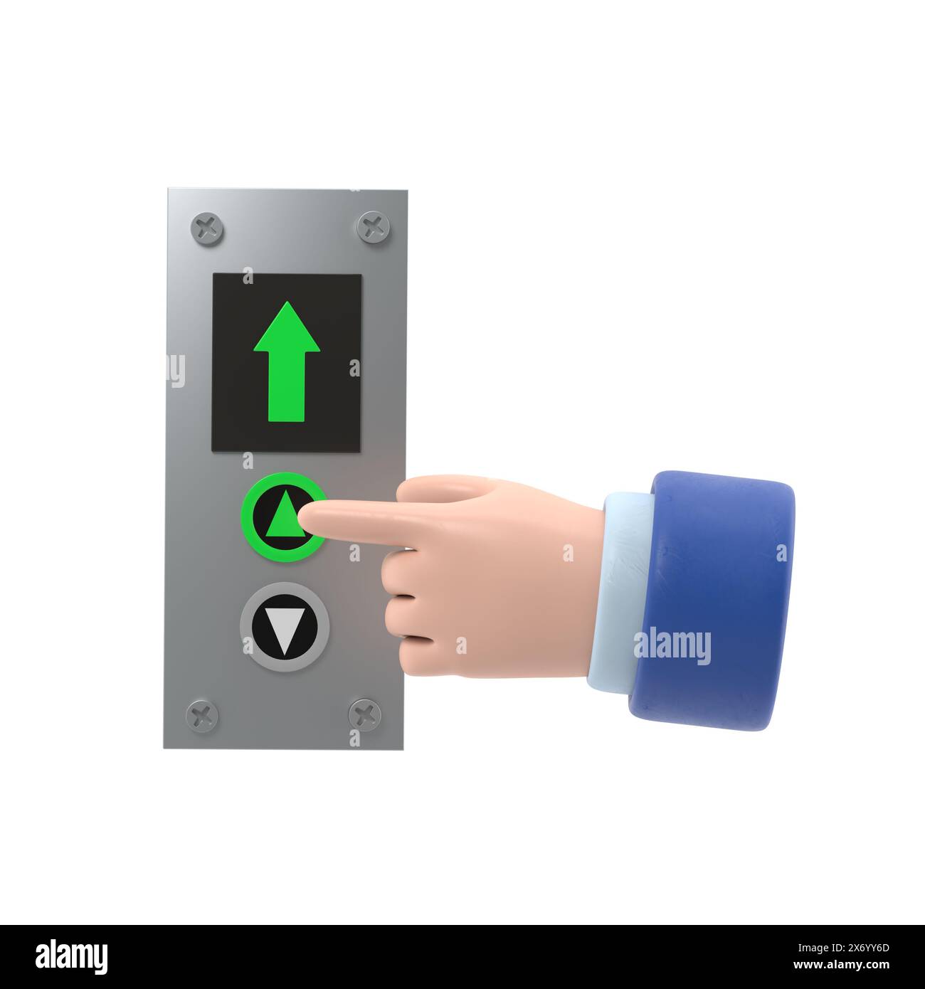 Businessman presses the lift button. 3d illustration flat design.Call elevator. Up arrow. Rise to the top floor. Finger on the button.3D rendering on Stock Photo