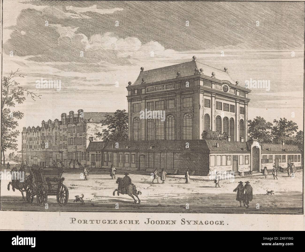 View of the Portuguese Synagogue in Amsterdam, Portuguese Jewish Synagogue (title on object), View of the Portuguese Synagogue in Amsterdam, with the Rapenburgerstraat on the left and the Deventer Houtmarkt (the current Jonas Daniël Meijerplein) on the right. Different figures on the street., print, print maker: anonymous, publisher: Nicolaas ten Hoorn, (possibly), publisher: erven J. Ratelband & Co, (possibly), Amsterdam, 1713 - 1751, paper, etching, height, 150 mm × width, 195 mm Stock Photo