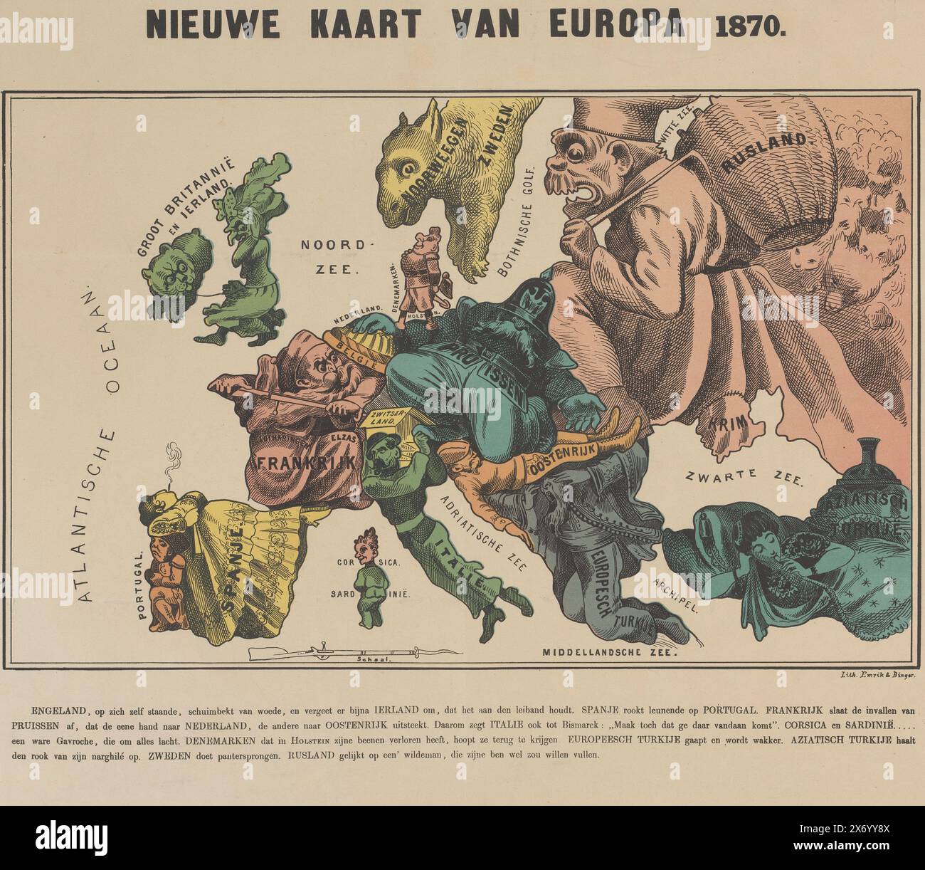 New map of Europe 1870 (title on object), Cartoon with the map of Europe represented by the political situation in the year 1870. The countries are shown as people and/or animals. With four-line explanation below the performance., print, print maker: Emrik & Binger, (mentioned on object), Netherlands, 1870, paper, height, 404 mm × width, 532 mm Stock Photo