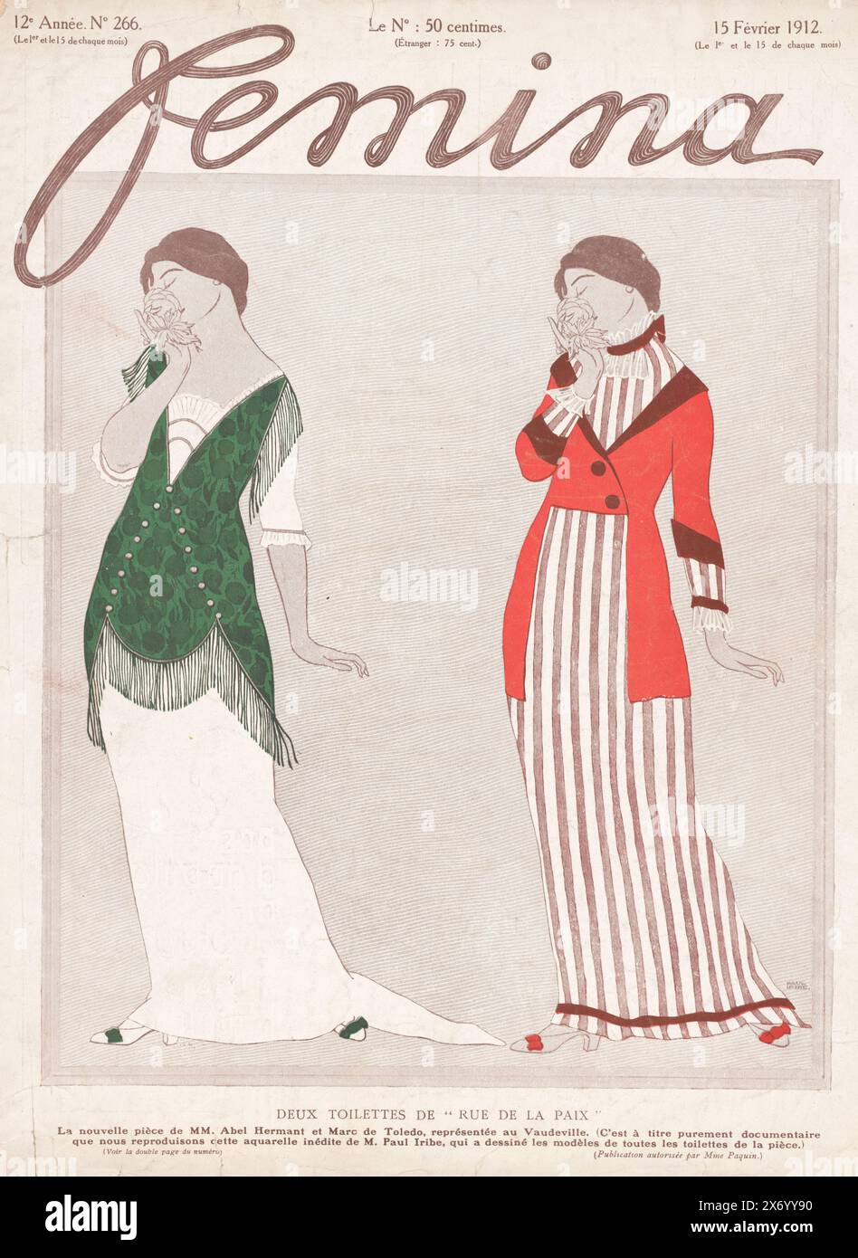 Femina, 15 Février 1912, 12e Année, no. 266, Cover for the French fashion magazine Femina. On the front two fashionably dressed ladies. Various advertisements on the back., magazine, print maker: Paul Iribe, (mentioned on object), publisher: Pierre Laffitte, (mentioned on object), Paris, 1912, paper, height, 352 mm × width, 284 mm Stock Photo
