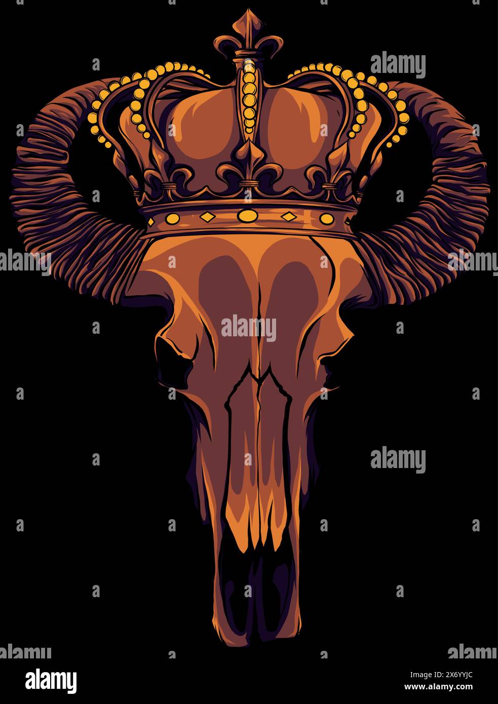 vector illustration of a bull skull wearing a crown with diamonds on black background Stock Vector