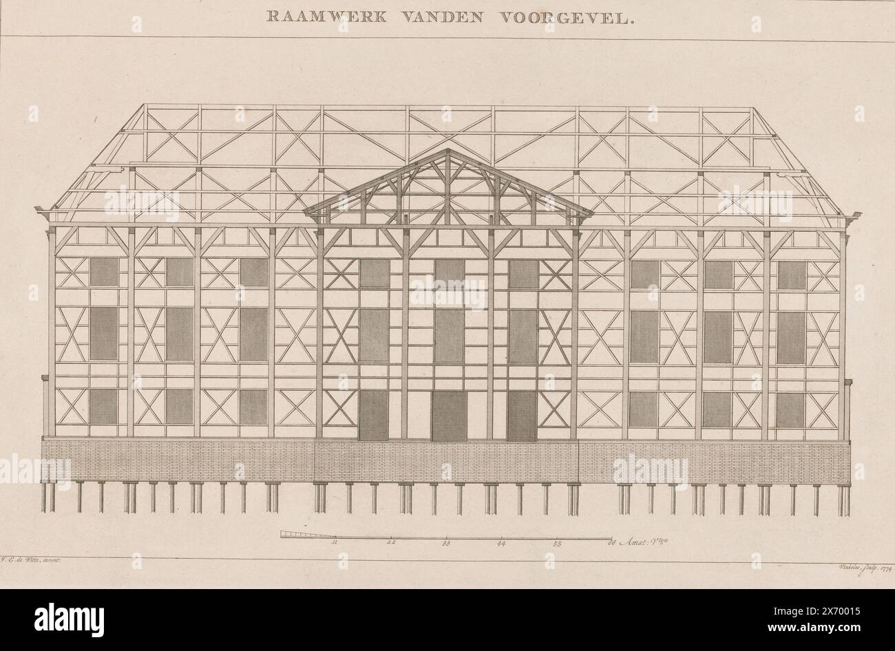 Framework of the facade of the Amsterdam theater, Framework of the facade (title on object), Images of the Theater in Amsterdam (series title), print, print maker: Reinier Vinkeles (I), (mentioned on object), print maker: Harmanus Vinkeles, (mentioned on object), after design by: Jacob Eduard de Witte, (mentioned on object), Amsterdam, 1774, paper, etching, height, 334 mm × width, 512 mm Stock Photo