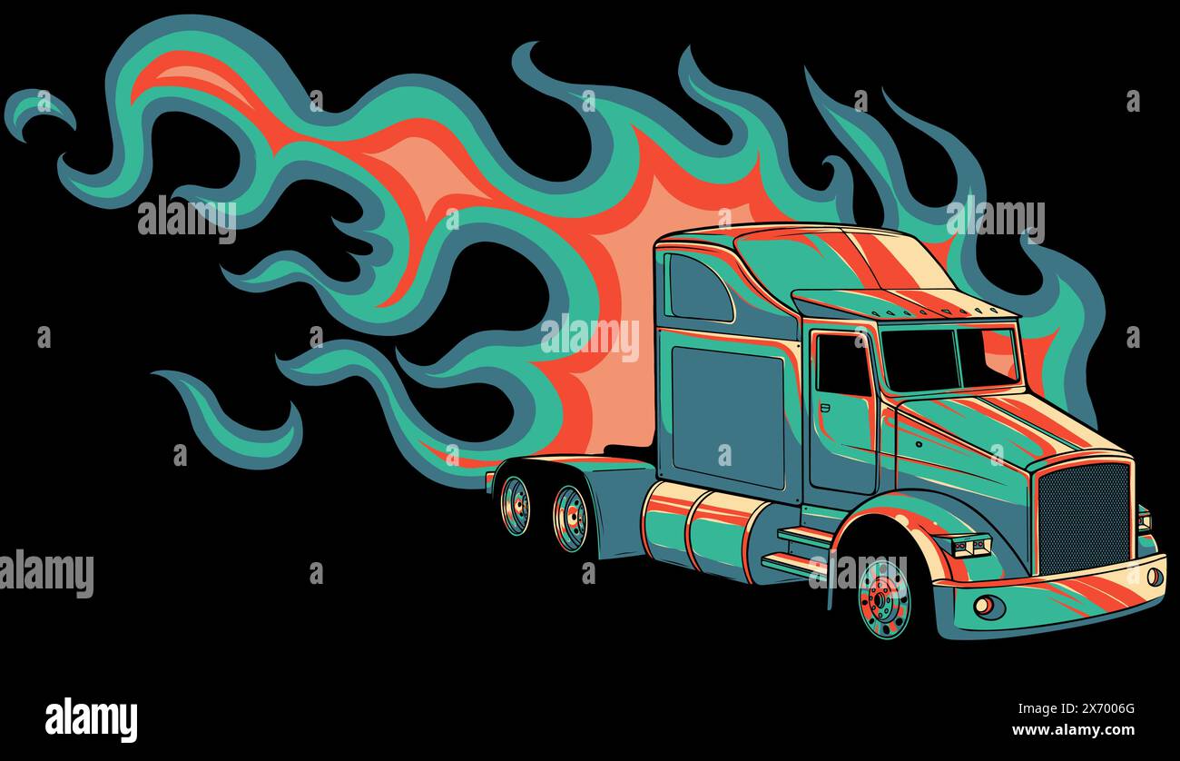 black Truck with flames on black background. Vector illustration design Stock Vector