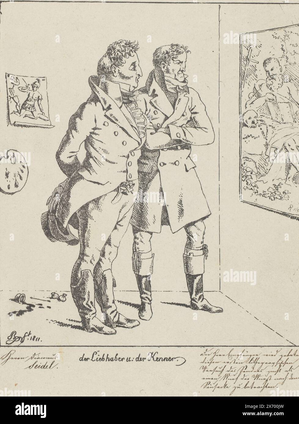 An art lover and an art connoisseur, der Liebhaber un: der Kenner (title on object), Caricatures of an art lover and an art connoisseur looking at a painting in a painter's studio., print, print maker: Johann Andreas Boerner, (mentioned on object), after own design by: Johann Andreas Boerner, (mentioned on object), Johann Andreas Boerner, (mentioned on object), Neurenberg, 1811, paper, height, 218 mm × width, 180 mm Stock Photo