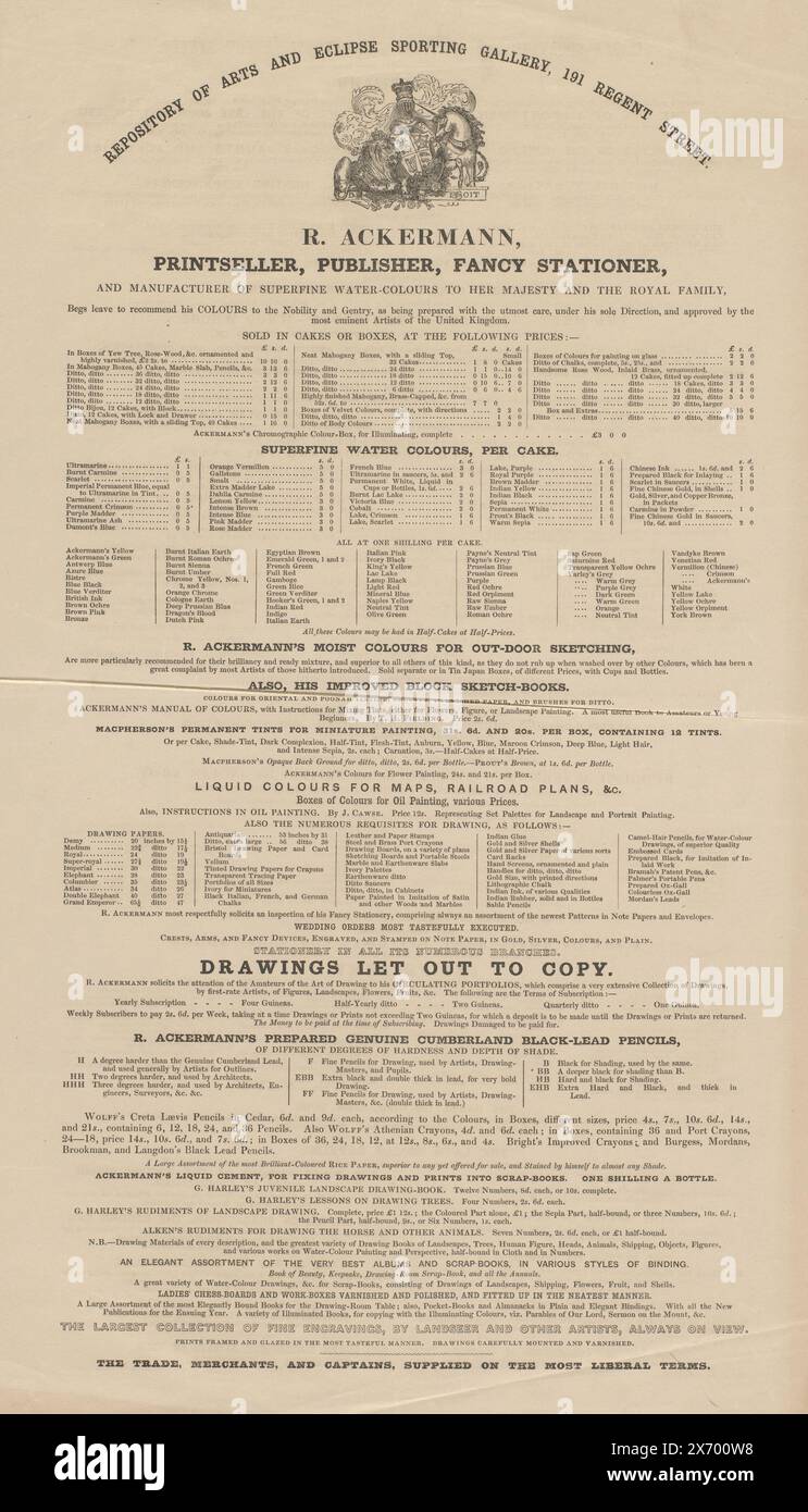 Promotional bill for Rudolph Ackermann products at Eclipse Sporting and Military Gallery, Repository of Arts and Eclipse Sporting Gallery, 191 Regent Street. R. Ackermann, Printseller, Publisher, Fancy Stationer, and Manufacturer of Superfine Water-colours to Her Majesty and the Royal Family, Begs Leave to Recommend His Colors to the Nobility and Gentry, (...) (title on object), Advertising bill for the products that Rudolph Ackermann Jr. sold, such as watercolor and related products such as sketchbooks. On the verso an announcement of the prints published by Ackermann., print, printer Stock Photo