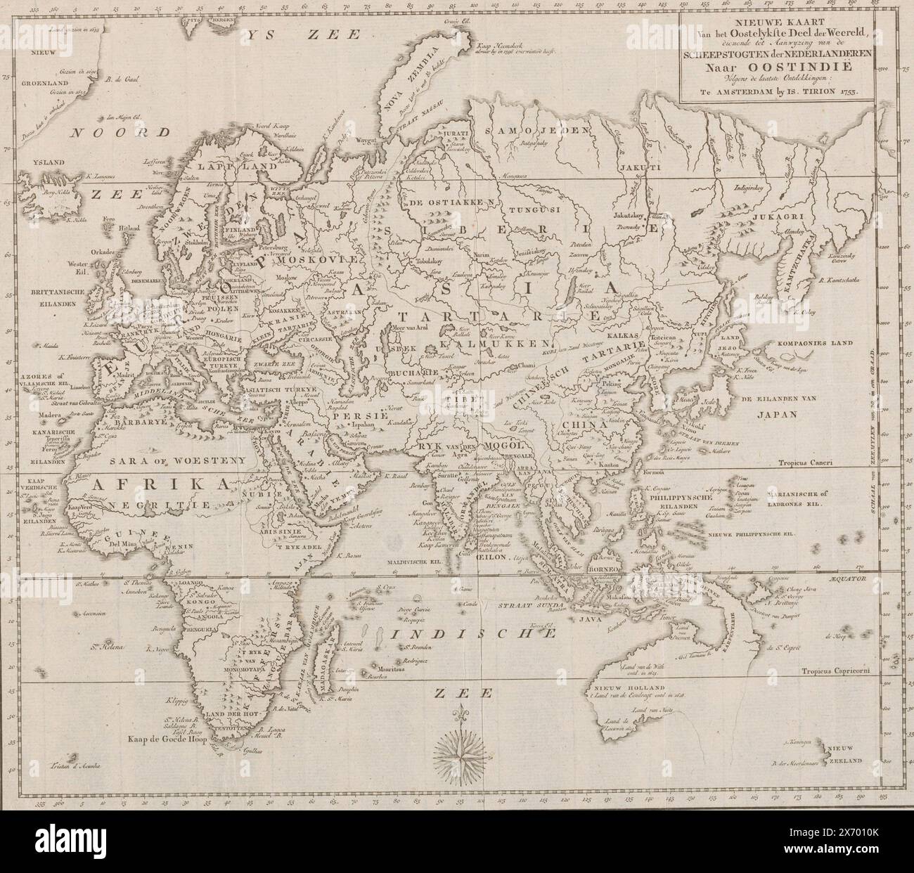 Map of Africa, Asia, Europe and Oceania, for ship voyages from the Netherlands to the East Indies, New map of the Easternmost Part of the World, serving as an indication of the ship voyages of the Dutch to the East Indies According to the latest Discoveries (title on object), print, print maker: anonymous, publisher: Isaak Tirion, (mentioned on object), Amsterdam, 1753, paper, engraving, height, 365 mm × width, 323 mm Stock Photo