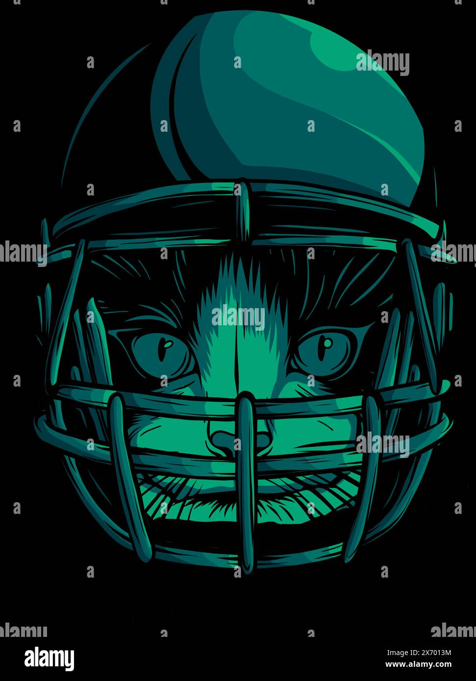 cat with helmet american footbal player on black background Stock Vector