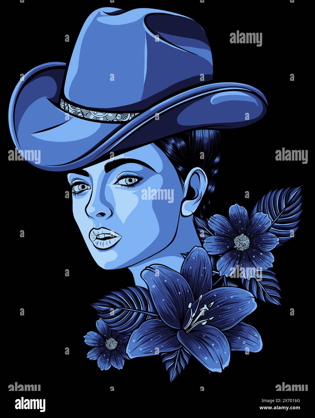 vector illustration of Pretty country girl, cowgirl on black background ...