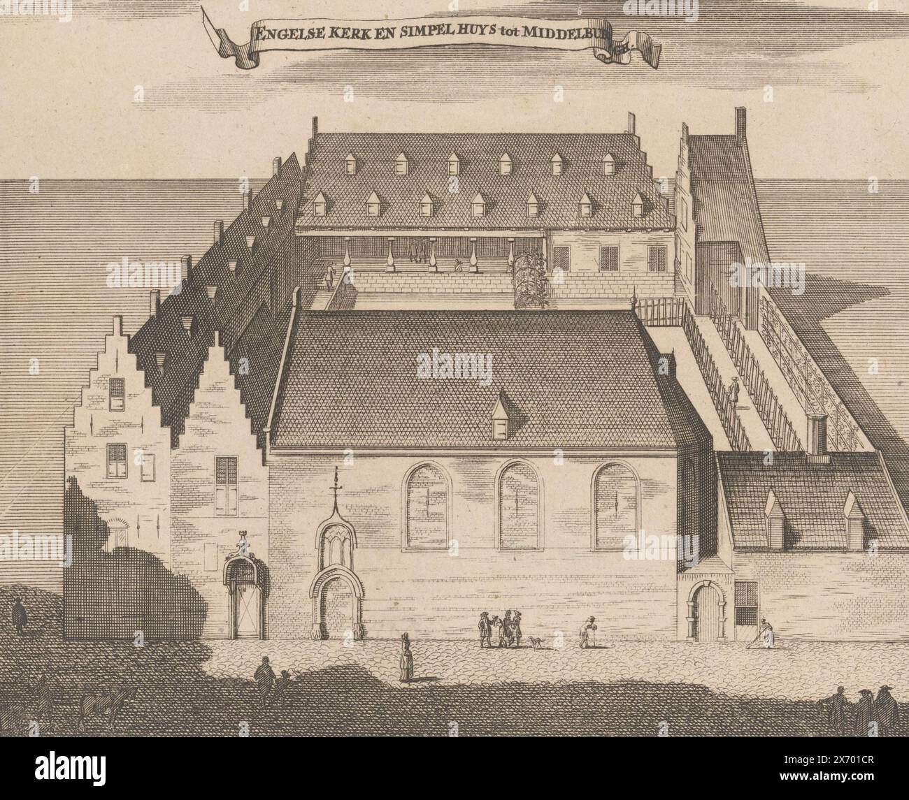 View of the English Church and the Simpelhuis in Middelburg, English Church and Simpel Huys tot Middelburgh (title on object), View of the English Church and the Simpelhuis (dolhuis), located in the former Cellebroedersklooster in Middelburg., print, print maker: anonymous, publisher: Johannes Meertens, (possibly), publisher: Abraham van Someren, (possibly), publisher: Middelburg, publisher: Amsterdam, 1696, paper, etching, engraving, height, 134 mm × width, 165 mm Stock Photo