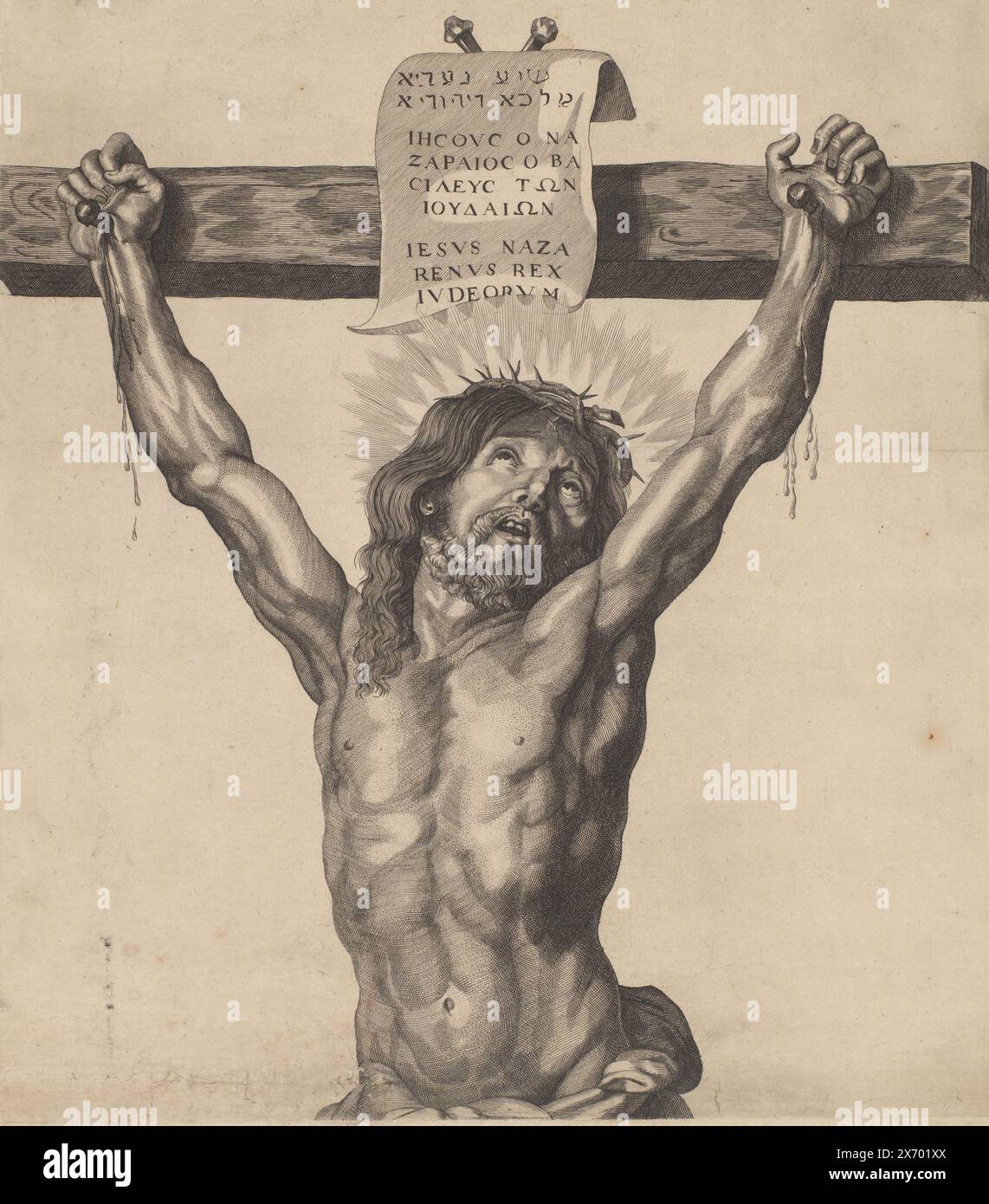 Christ on the Cross, Series of Ecce Homo, the Crucified Christ, Virgin Mary and John the Evangelist (series title), Top plate. In the foreground of the print is Christ on the cross. He looks desperately to the sky. There is an inscription nailed to the top of the cross. It says 'Jesus of Nazareth, King of the Jews' in Hebrew, Greek and Latin., print, print maker: Mattheus Borrekens, after drawing by: Erasmus Quellinus (II), publisher: Martinus van den Enden, Antwerp, 1625 - 1670, paper, engraving, width, 395 mm × height, 451 mm Stock Photo