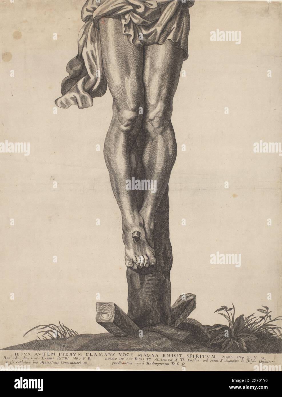 Christ on the cross, Series of Ecce Homo, the crucified Christ, Virgin Mary and John the Evangelist (series title), Bottom plate. In the foreground of the print is Christ on the cross. He looks desperately to the sky. There is an inscription nailed to the top of the cross. It says 'Jesus of Nazareth, King of the Jews' in Hebrew, Greek and Latin. The print has a Latin caption., print, print maker: Mattheus Borrekens, after drawing by: Erasmus Quellinus (II), publisher: Martinus van den Enden, Antwerp, 1625 - 1670, paper, engraving, width, 406 mm × height, 532 mm Stock Photo