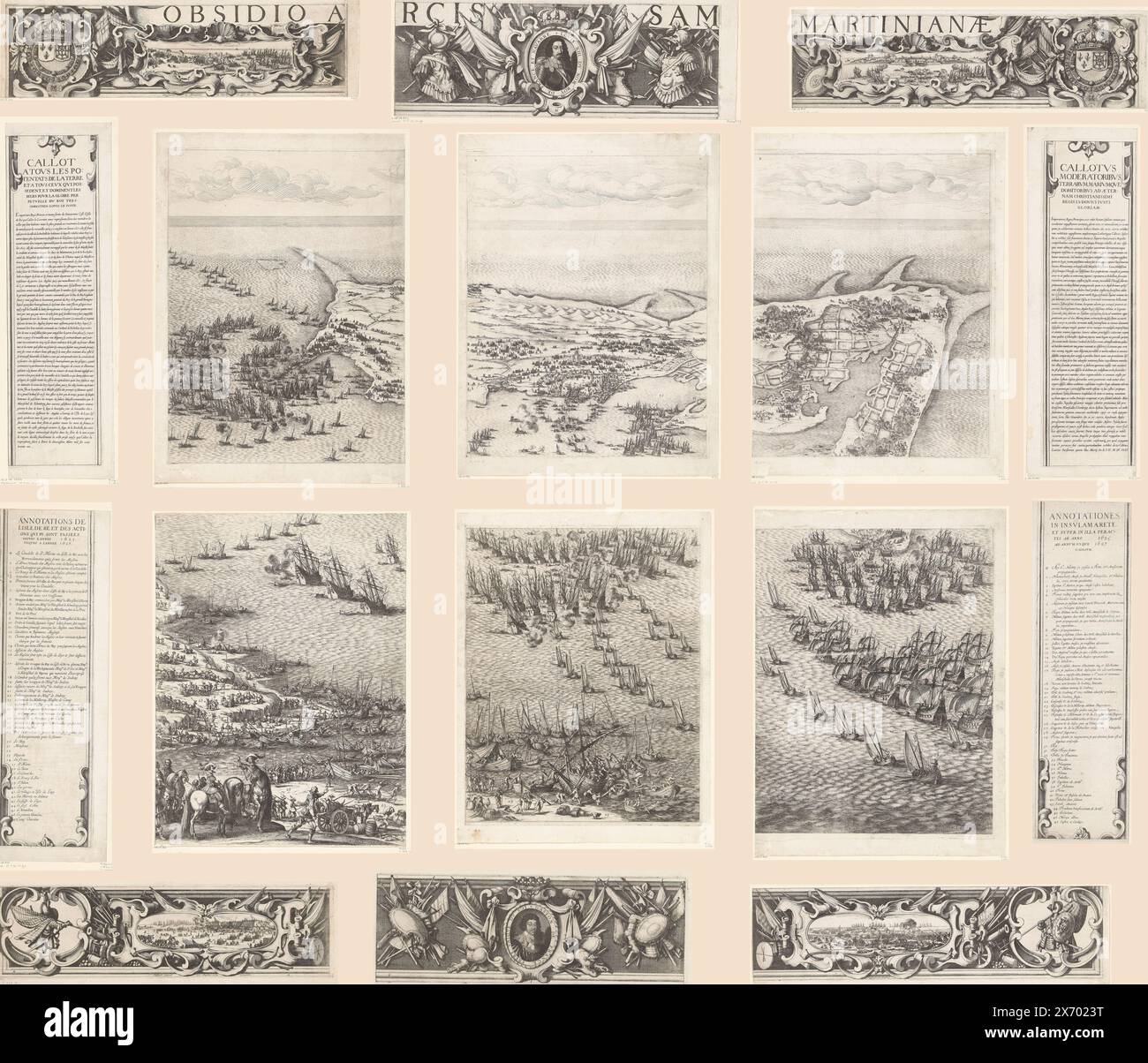 Siege of Saint Martin on the Île de Ré, July-November 1627, Obsidio arcis Sammartinianae (title on object), Print, consisting of 16 sheets, of the siege of the citadel of Saint Martin on the Île de Ré in 1627, which was carried out by English troops under the Duke of Buckingham and was ended by French troops under Cardinal Richelieu. The centerpiece is a cartographic representation of the island off the French coast, on and around which it is teeming with army troops and ships. Above and below this central map two 'bands' with coats of arms, portraits and cartouches with episodes Stock Photo