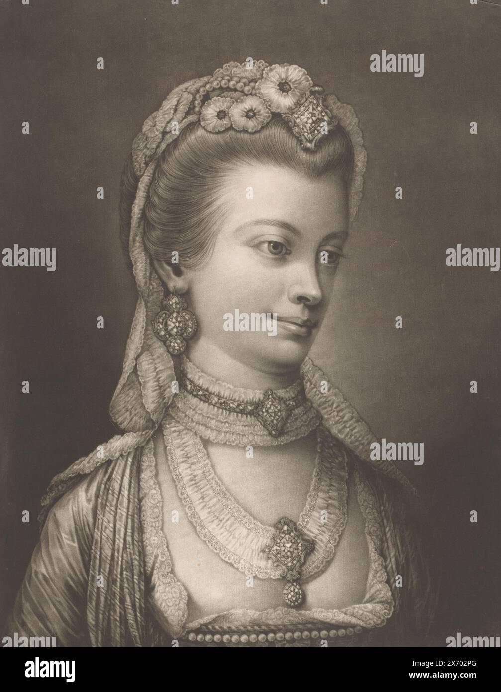 Portrait of Charlotte of Mecklenburg, Her Most Excellent Majesty Charlotte Queen of Great Britain, &c. (title on object), print, print maker: Jonathan Spilsbury, (mentioned on object), after own design by: Jonathan Spilsbury, (mentioned on object), publisher: Robert Sayer, (mentioned on object), London, Feb-1764, paper, height, 503 mm × width, 354 mm Stock Photo