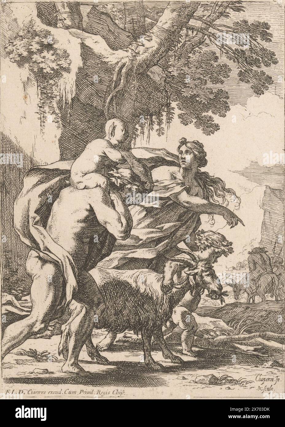 Followers of Silenus with Silenus on his donkey in the background, print, print maker: Nicolas Chaperon, (mentioned on object), after own design by: Nicolas Chaperon, (mentioned on object), publisher: François Langlois, (mentioned on object), France, 1622 - 1647, paper, etching, height, 231 mm × width, 165 mm Stock Photo