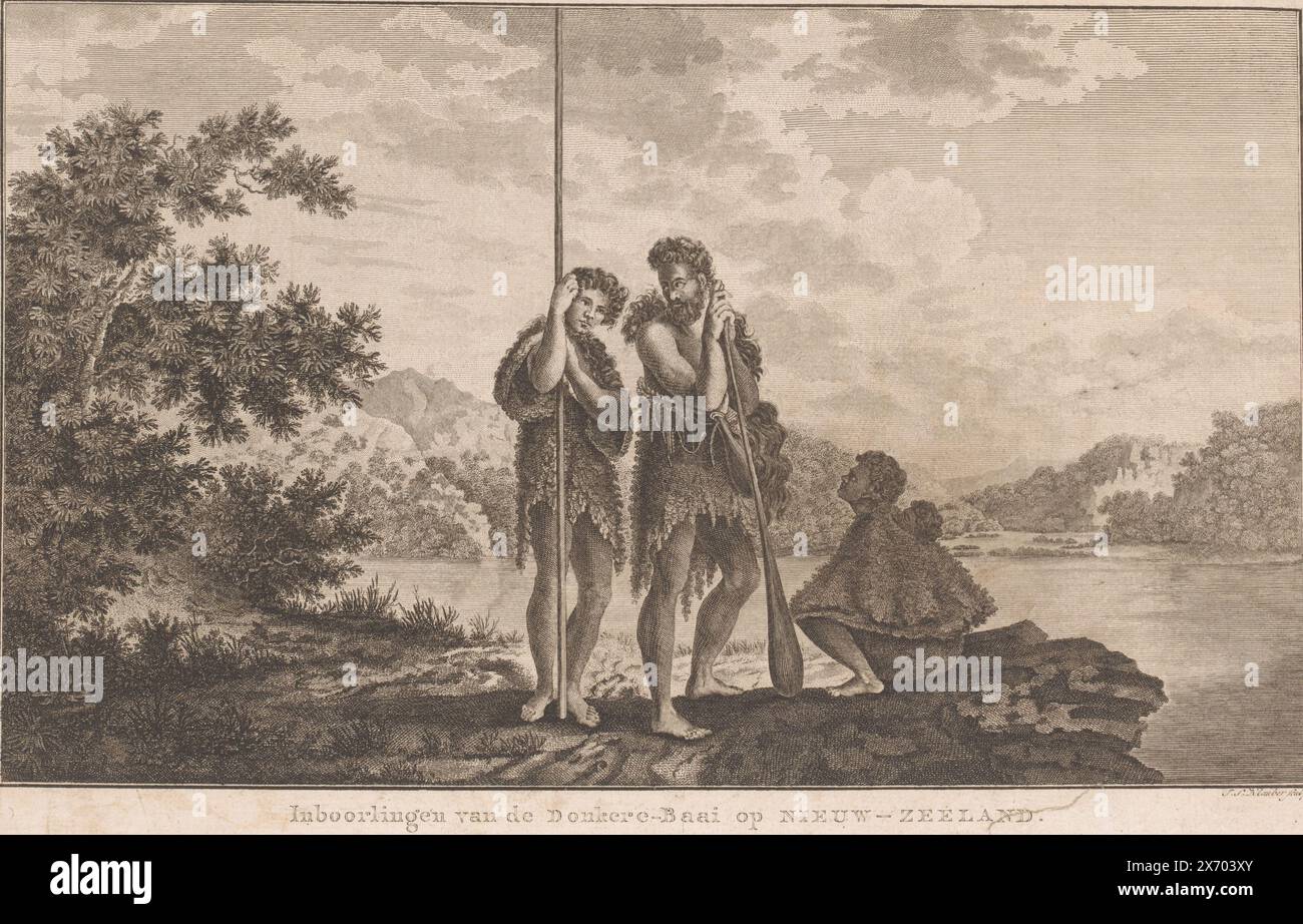 Three Maoris at Resolution Bay in New Zealand, Natives of the Dark Bay in New Zealand (title on object), Numbered top right: 22., print, print maker: Ignaz Sebastian Klauber, (mentioned on object), publisher: Abraham Honkoop (II), publisher: Johannes Allart, publisher: Leiden, publisher: Amsterdam, publisher: The Hague, 1799, paper, etching, engraving, height, 220 mm × width, 340 mm Stock Photo