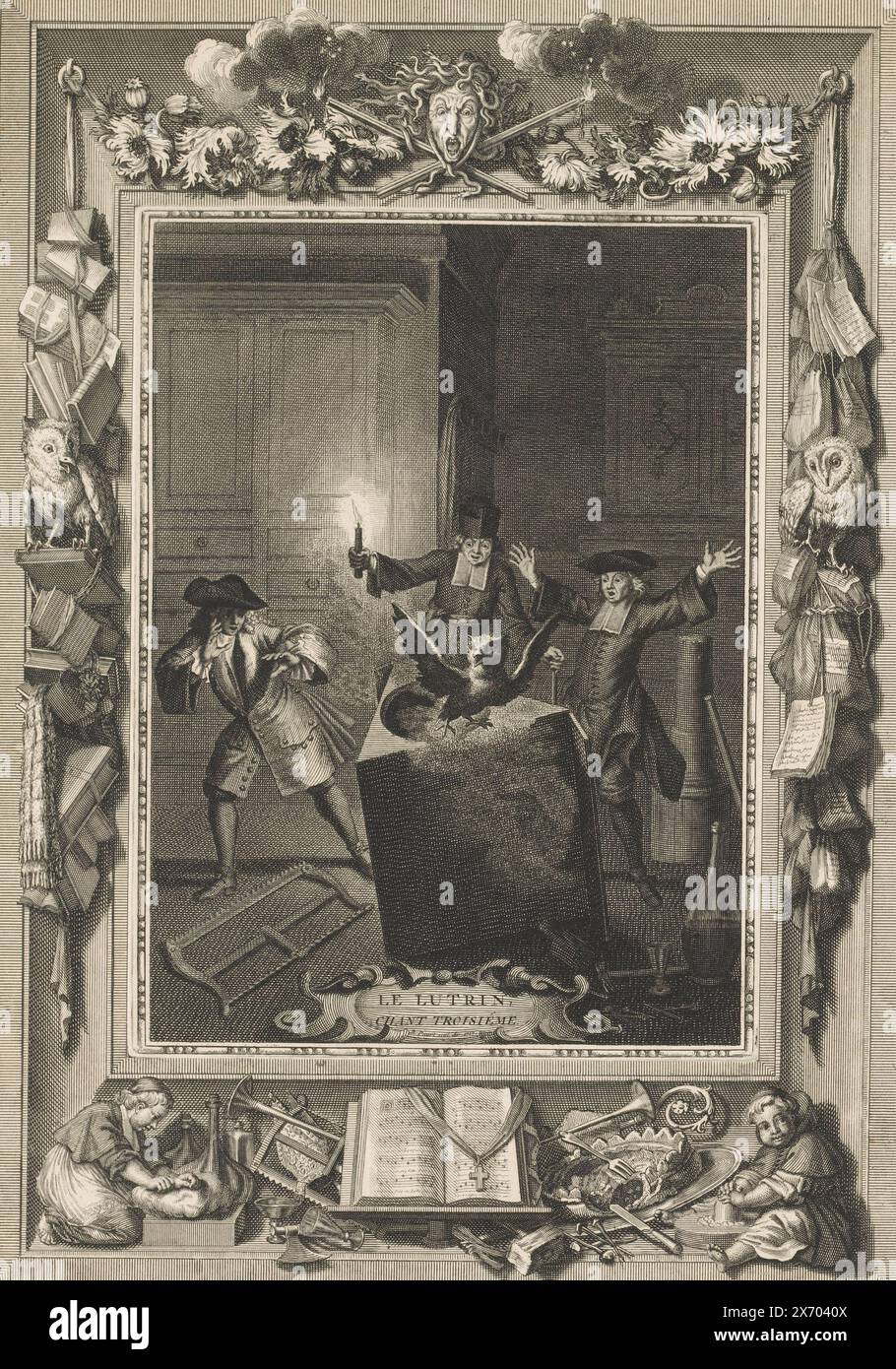 Owl flies from desk, Le Lutrin. Chant Troisiéme. (title on object), Departure at night. The wig maker, Brontin and Boirude are startled by an owl flying out of a lectern. In the foreground a saw, a hammer, nails, a glass and a bottle of wine. The scene is decorated with an ornamental frame crowned by a Medusa head. At the bottom an open songbook and various attributes of a bishop., print, print maker: Bernard Picart, (workshop of), Bernard Picart, (mentioned on object), after drawing by: Bernard Picart, Amsterdam, 1717 and/or 1728, paper, etching, engraving, height, 200 mm × width Stock Photo