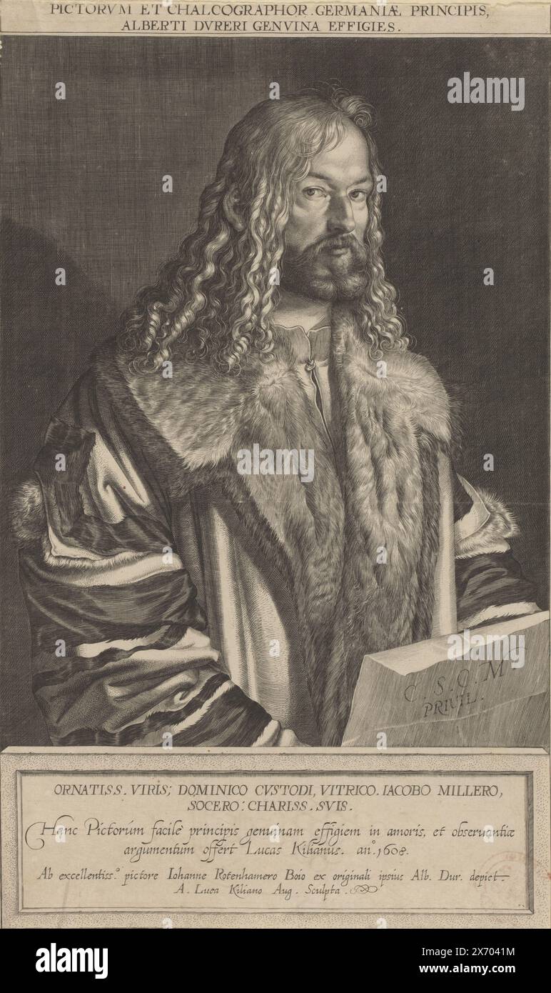 Portrait of Albrecht Dürer, Text in Latin in the bottom and top margins., print, print maker: Lucas Kilian, (mentioned on object), after drawing by: Hans Rottenhammer (I), (mentioned on object), after painting by: Albrecht Dürer, (mentioned on object), Augsburg, 1608, paper, engraving, height, 334 mm × width, 200 mm Stock Photo
