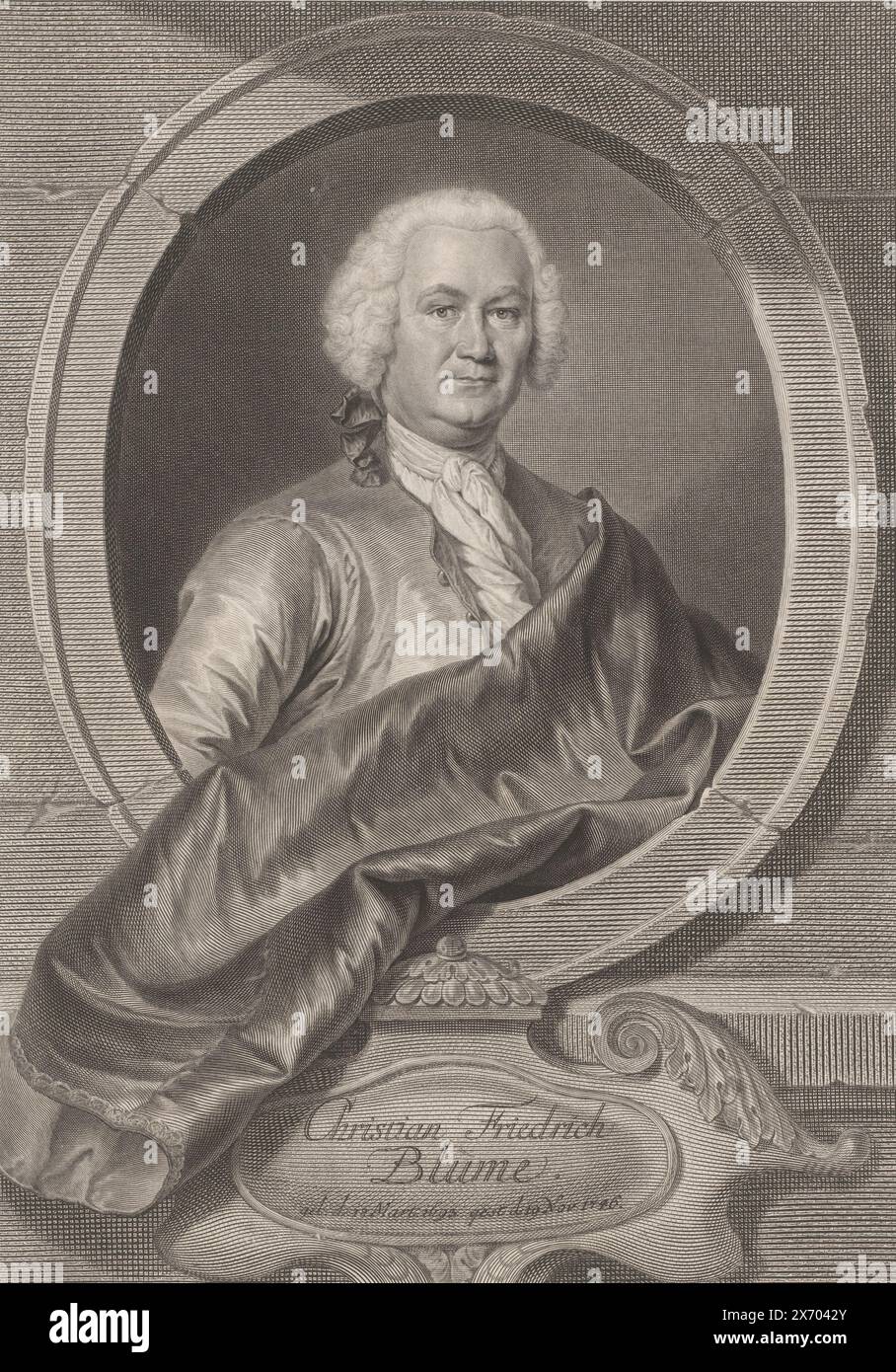 Portrait of Christian Friedrich Blume, print, print maker: Georg Friedrich Schmidt, (mentioned on object), after painting by: Joachim Martin Falbe, (mentioned on object), Berlin, 1748, paper, engraving, height, 377 mm × width, 269 mm Stock Photo