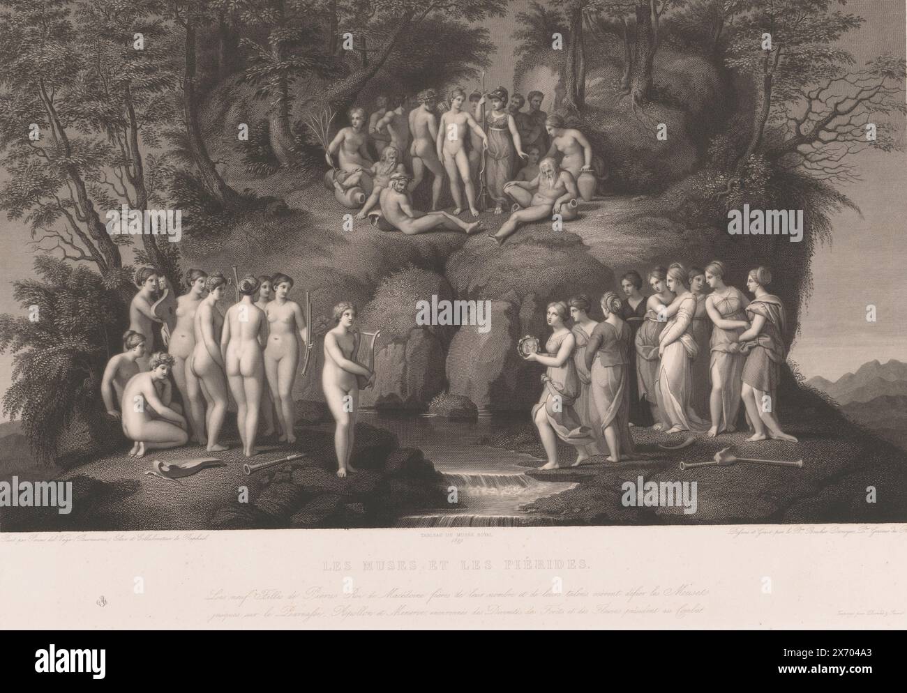 Contest between the Muses and the Pierides, Les Muses et les Piérides (title on object), print, print maker: Auguste Gaspard Louis Desnoyers, (mentioned on object), after drawing by: Auguste Gaspard Louis Desnoyers, (mentioned on object), after painting by: Perino del Vaga, (mentioned on object), Paris, 1829 - 1831, paper, etching, engraving, height, 443 mm × width, 651 mm Stock Photo