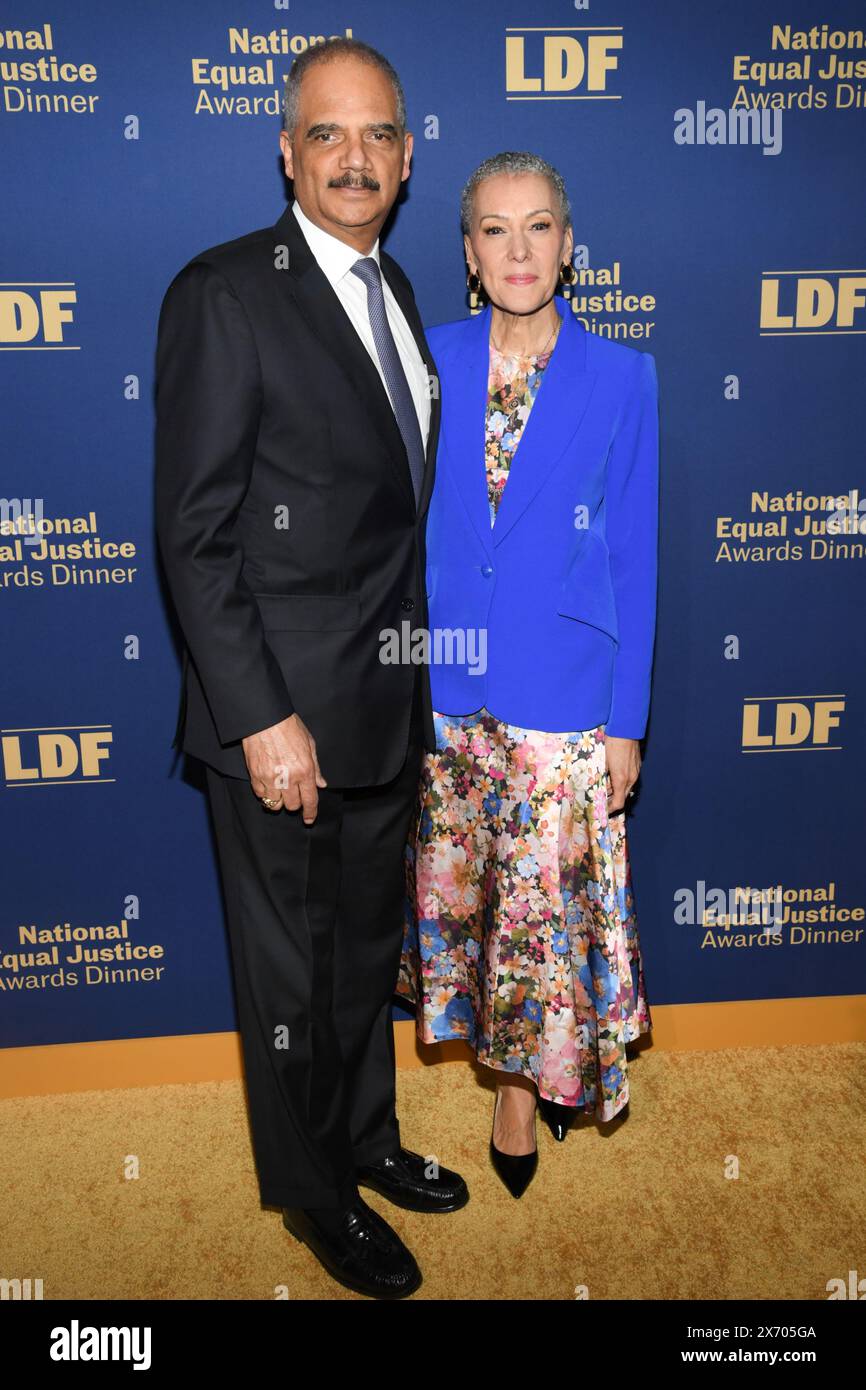 New York, USA. 16th May, 2024. Eric Holder, and Sharon Malone attending the Legal Defense Fund 36th National Equal Justice Awards Dinner at The Glass House in New York, NY on May 16, 2024. (Photo by Efren Landaos/Sipa USA) Credit: Sipa USA/Alamy Live News Stock Photo