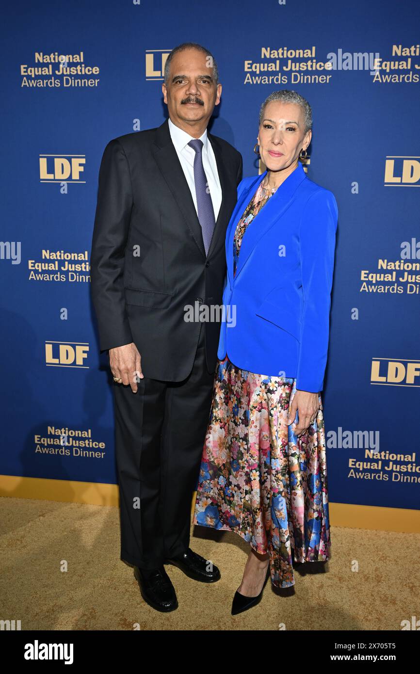Eric Holder and Sharon Malone attend the Legal Defense Fund's 36th National Equal Justice Awards Dinner at The Glasshouse on May 16, 2024 in New York Stock Photo