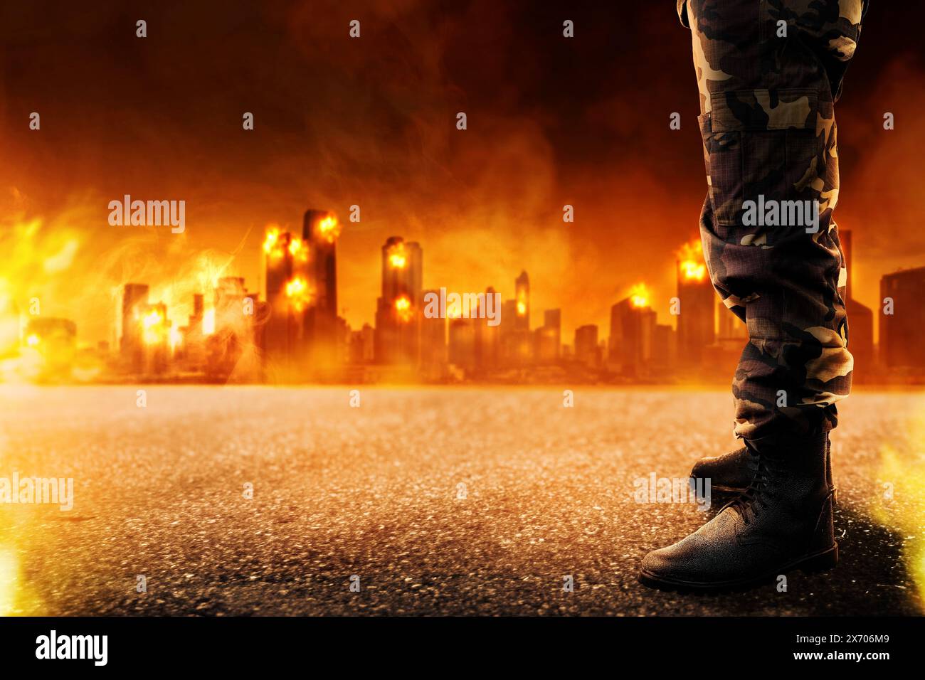 Image of demolished city in  from military aggression at night with fire and appearance of an army boots appearance. Smoke and fire from skyscarper at Stock Photo