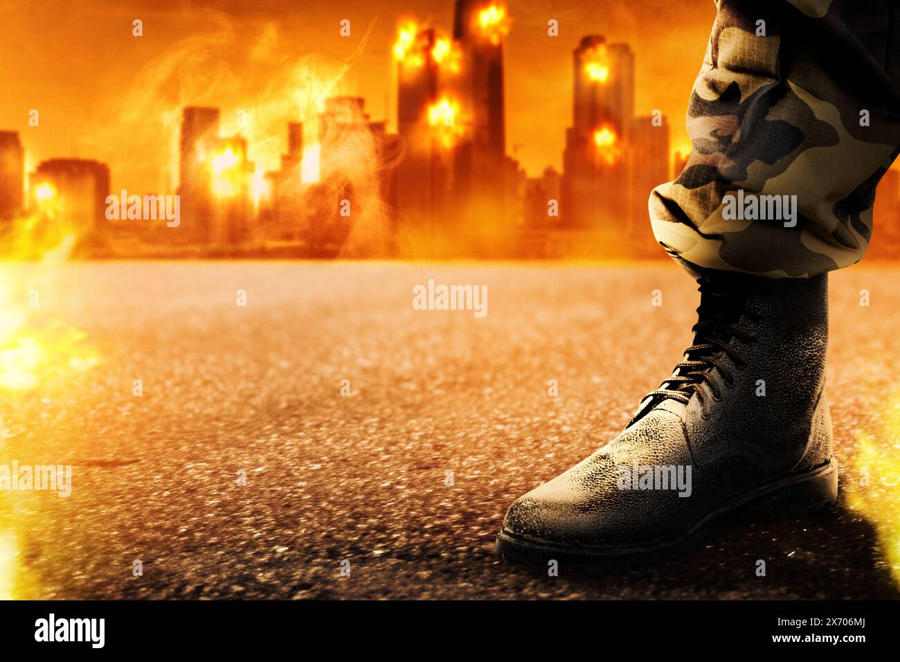 Image of demolished city in  from military aggression at night with fire and appearance of an army boots appearance. Smoke and fire from skyscarper at Stock Photo
