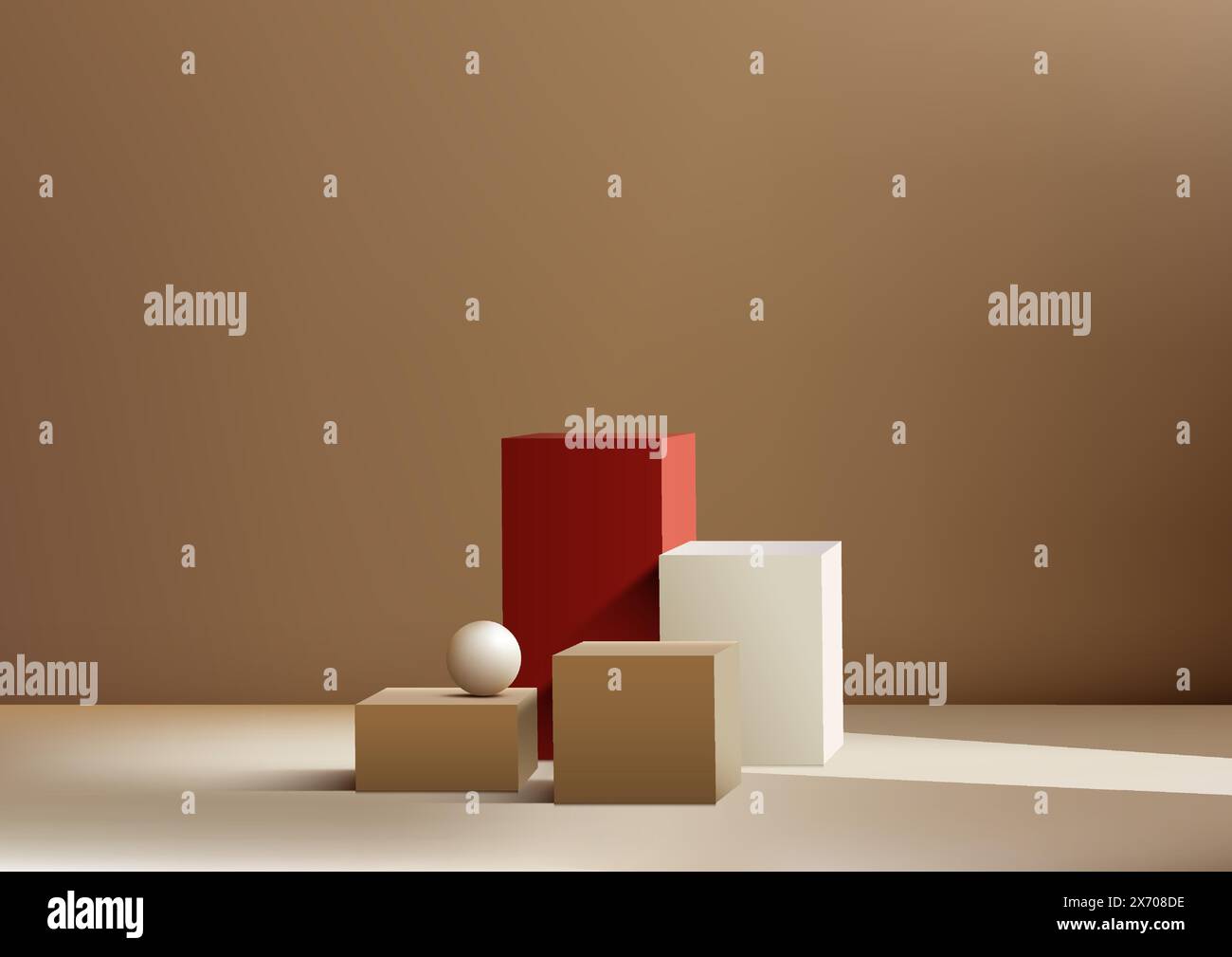 3D stack of boxes podium with a white ball on top against a brown wall background, modern concept, product display, mockup, showroom, showcase. Vector Stock Vector