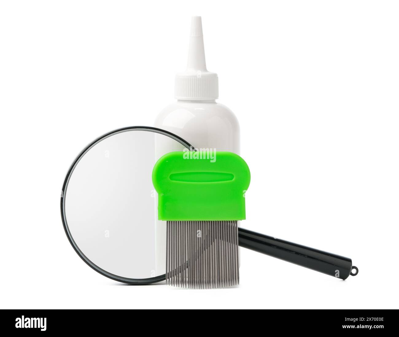 Medicine, lice comb and magnifying glass isolated on white Stock Photo