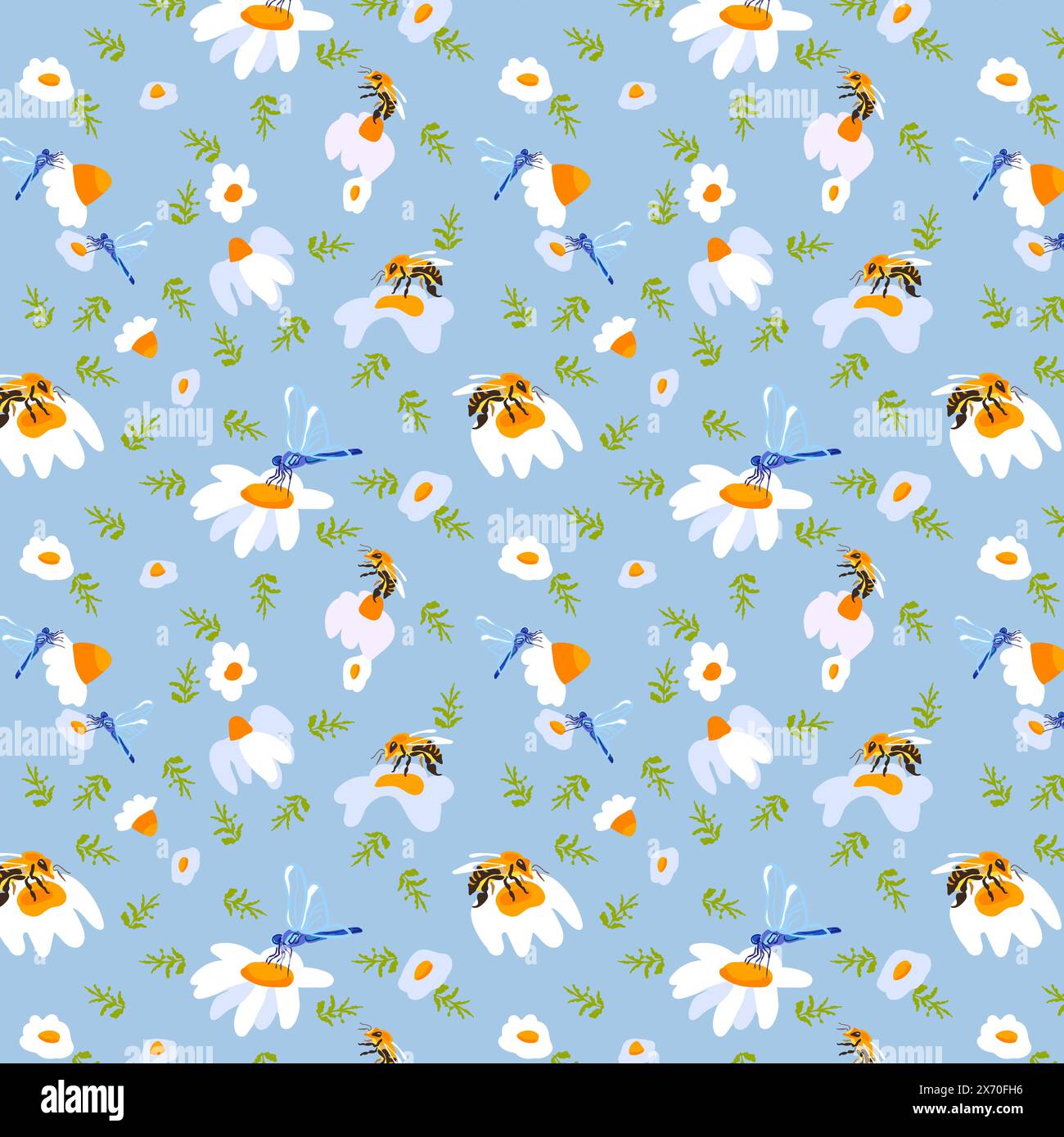 Summer background daisy bee Light blue seamless pattern spring white ...