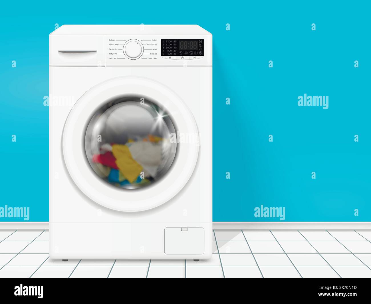 Realistic white front loading washing machine with color clothes. Vector illustration. Stock Vector