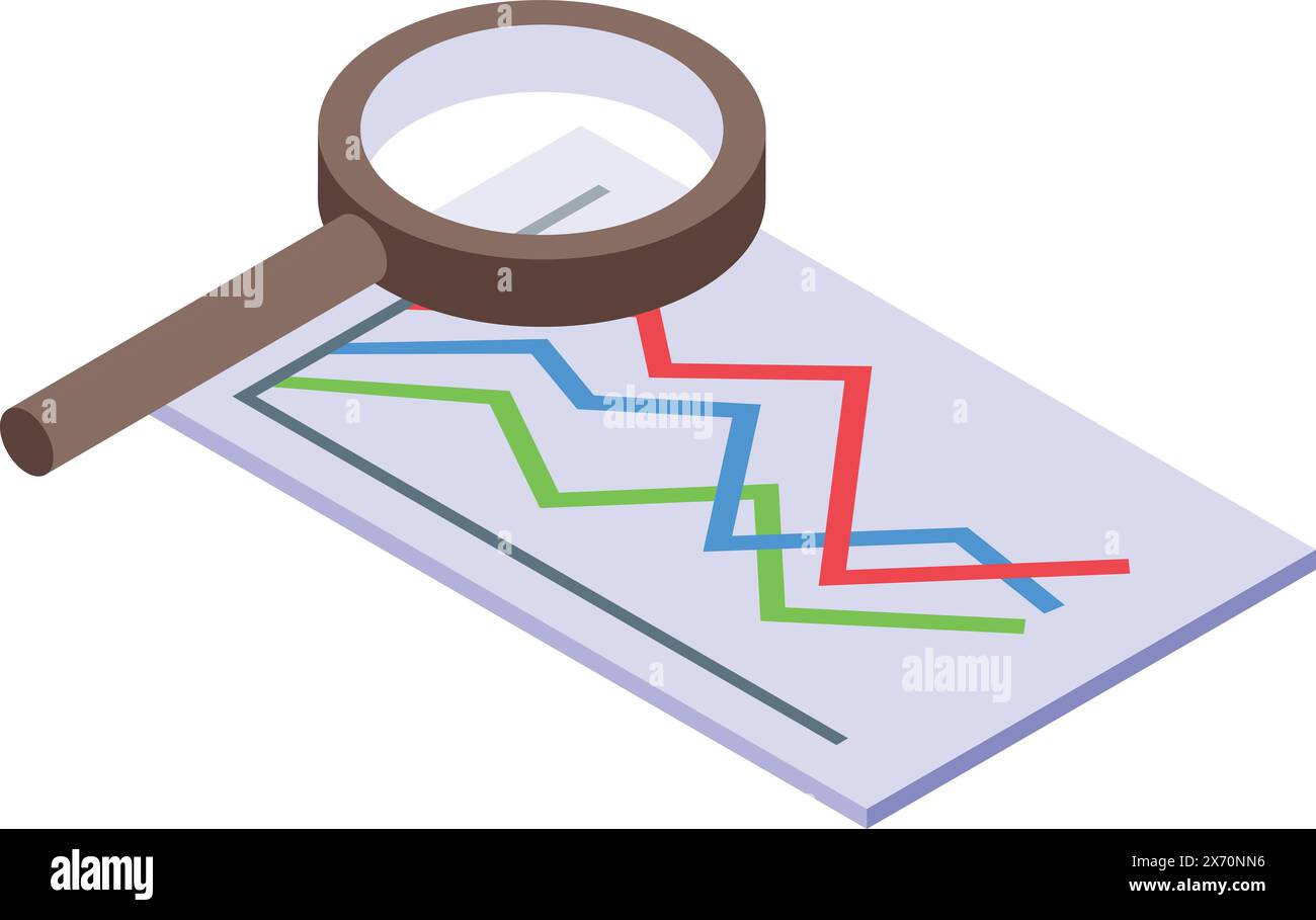Isometric illustration of a magnifying glass over paper with colorful growth charts Stock Vector
