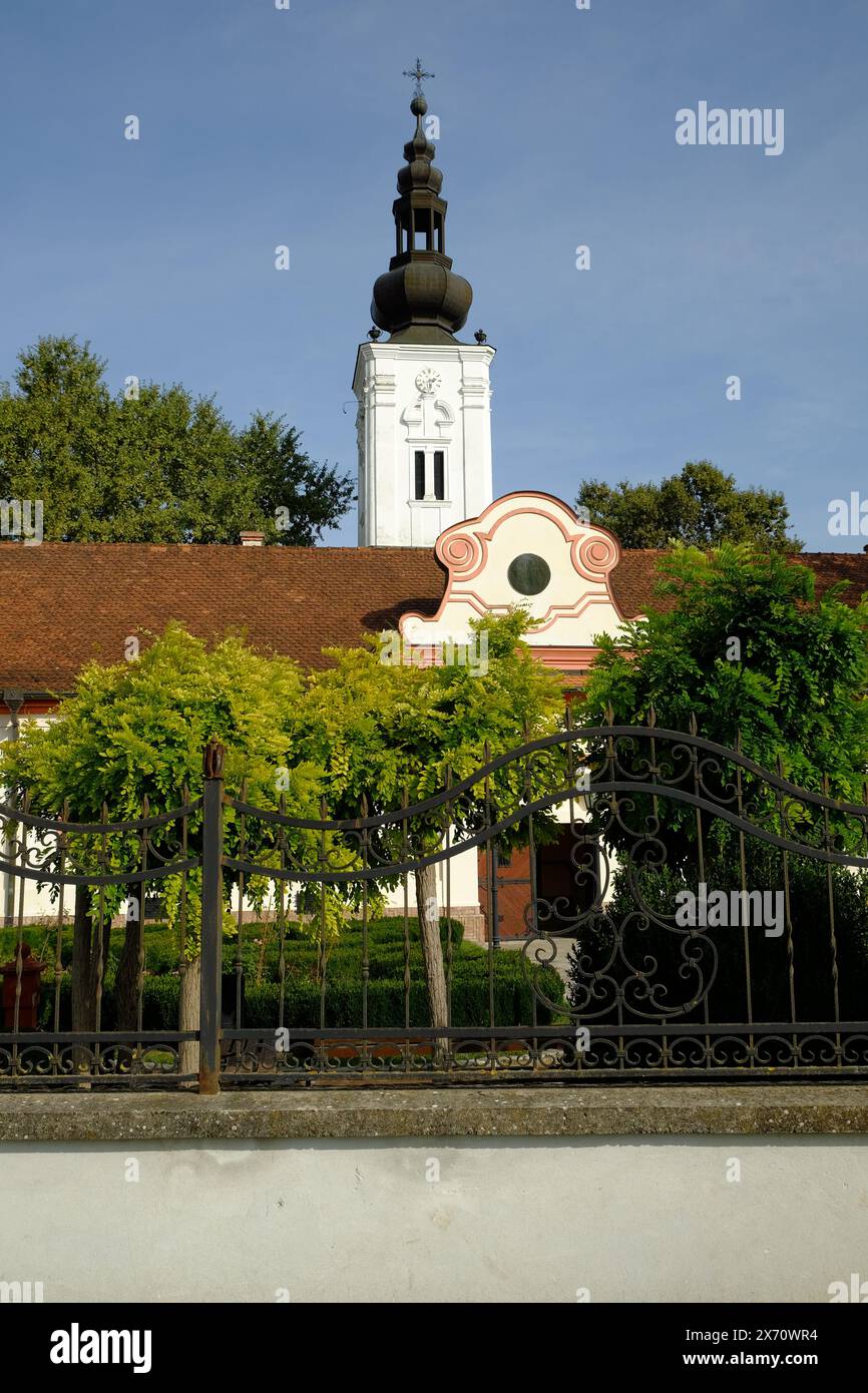 baroque bell tower of Bodjani monastery, Backa, Vojvodina, Serbia Stock Photo