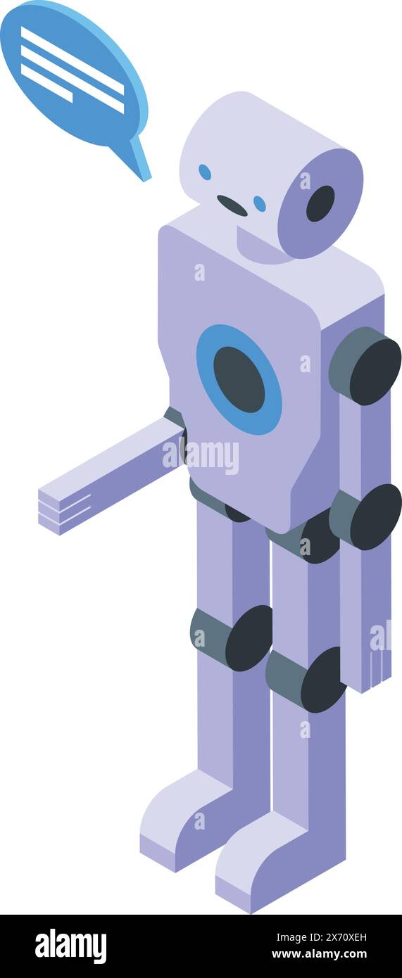Vector illustration of a cute isometric robot with a chat icon, depicting artificial intelligence communication Stock Vector