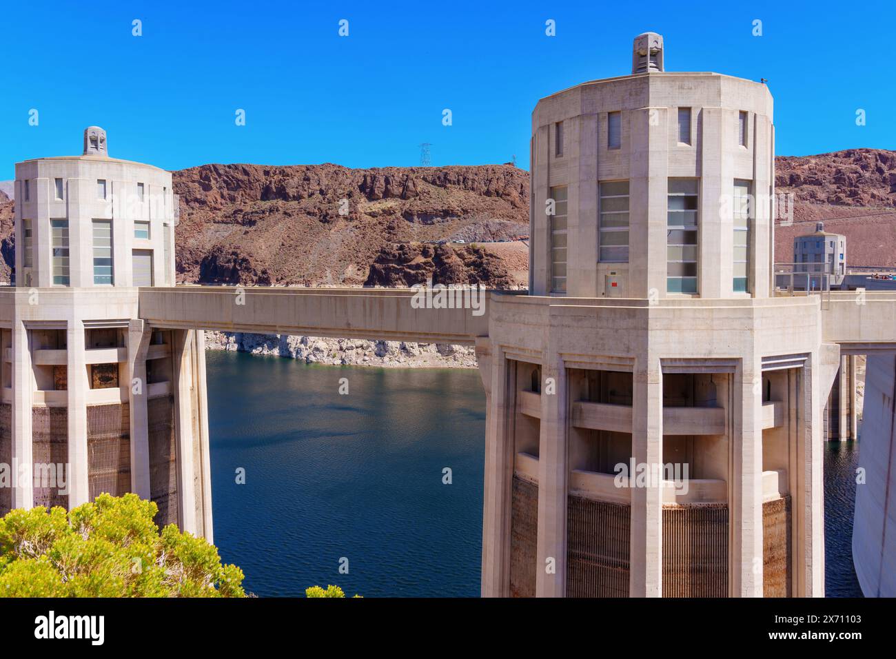 Hoover Dam’s Water Intake Towers With Operational and Control Rooms on Top Stock Photo