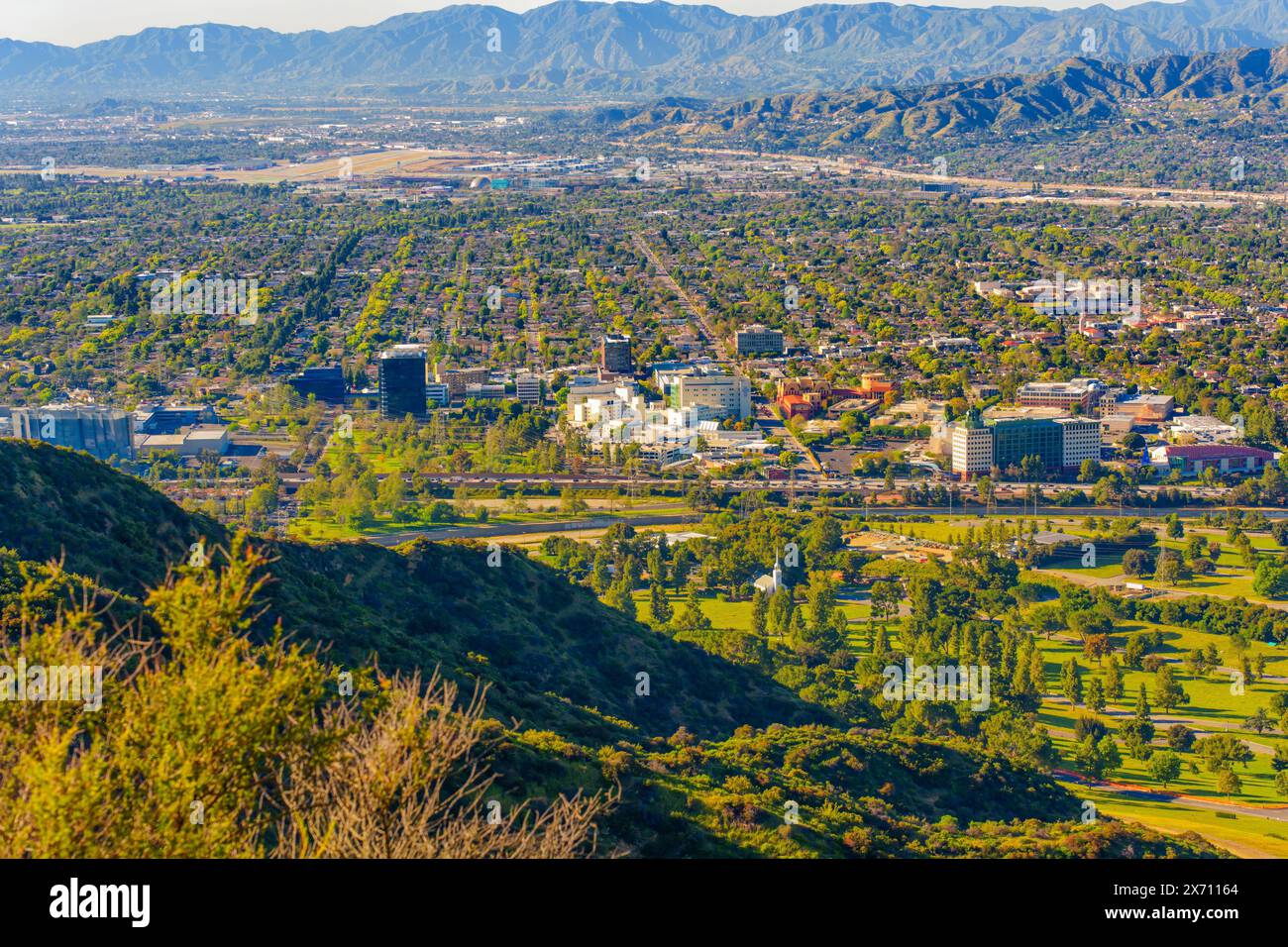 Glimpse of Los Angeles cityscape from a hillside along the road to the iconic Hollywood sign. Stock Photo