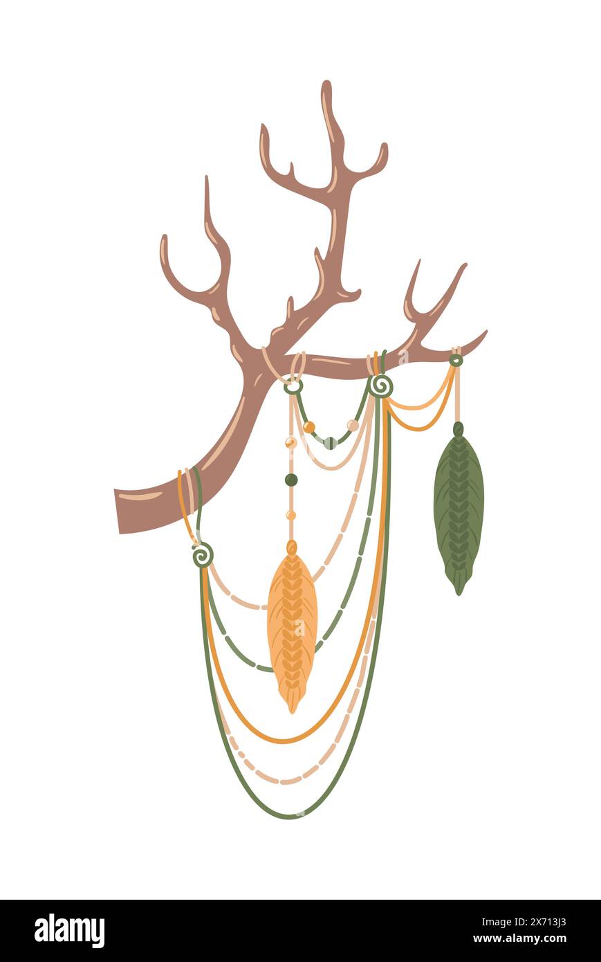 Macrame panels, ethnic decoration in boho style on deer antlers. Handmade. Hobbies, interests. Interior design. Wellness, meditation. magic, witchcraf Stock Vector