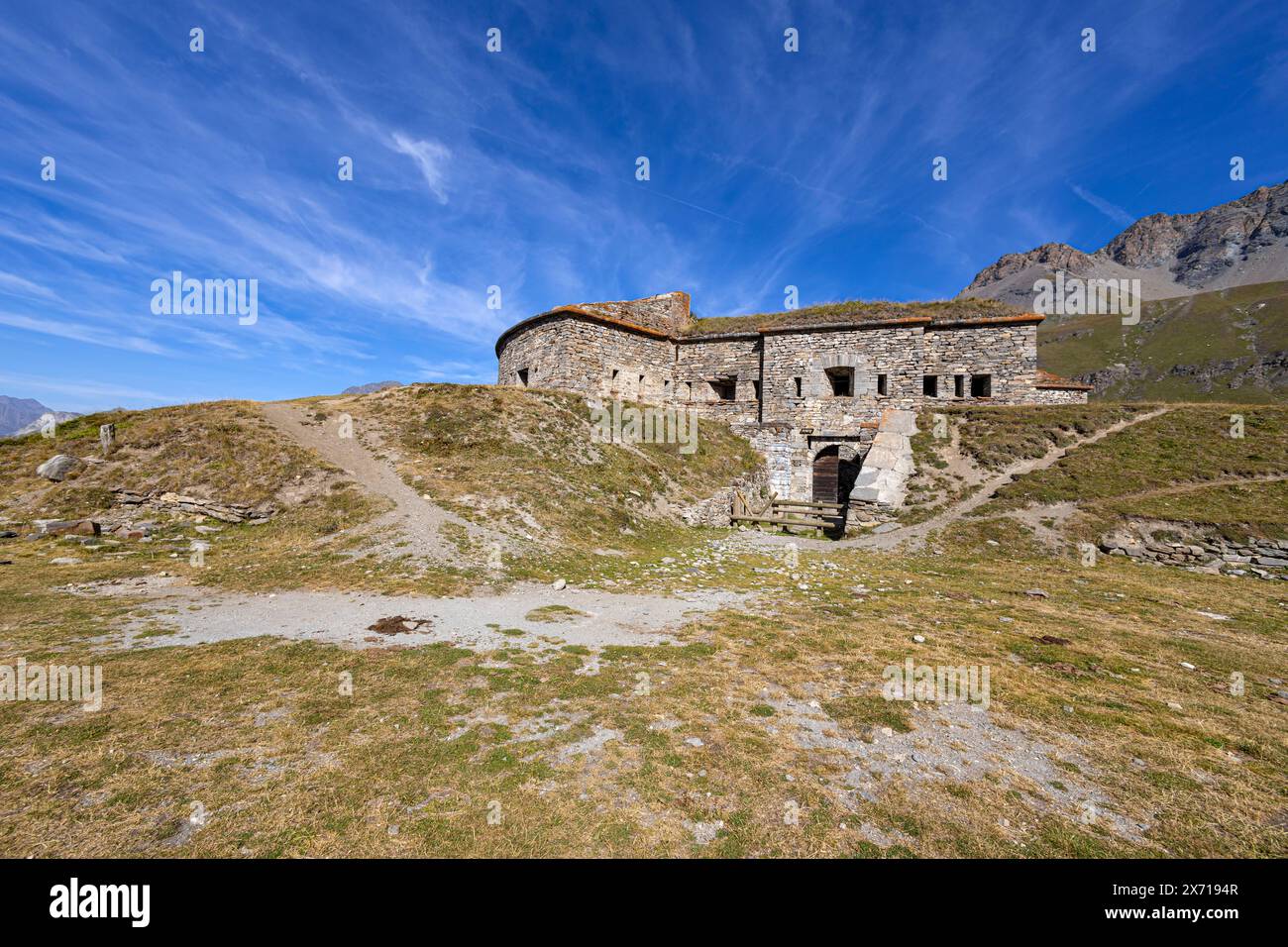 View of Ronce Fort on the Mont-Cenis lake  between the Italian Val di Susa and the French Maurienne valley, France Stock Photo