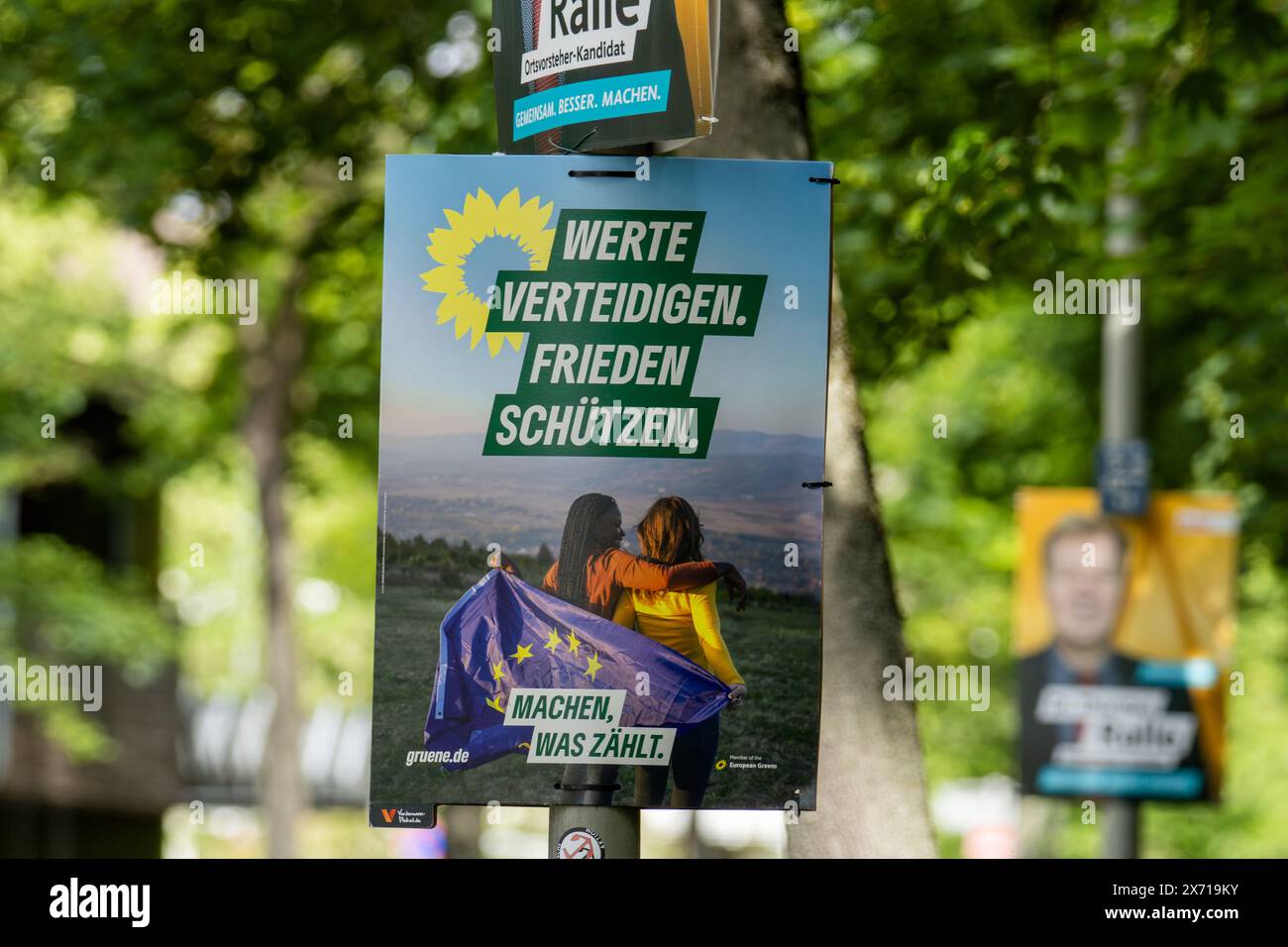 Ludwigshafen, May 15, 2024: BÜNDNIS 90/DIE GRÜNEN election poster for the 2024 European elections. The party advertises with the slogan WERTE VERTEIDI Stock Photo