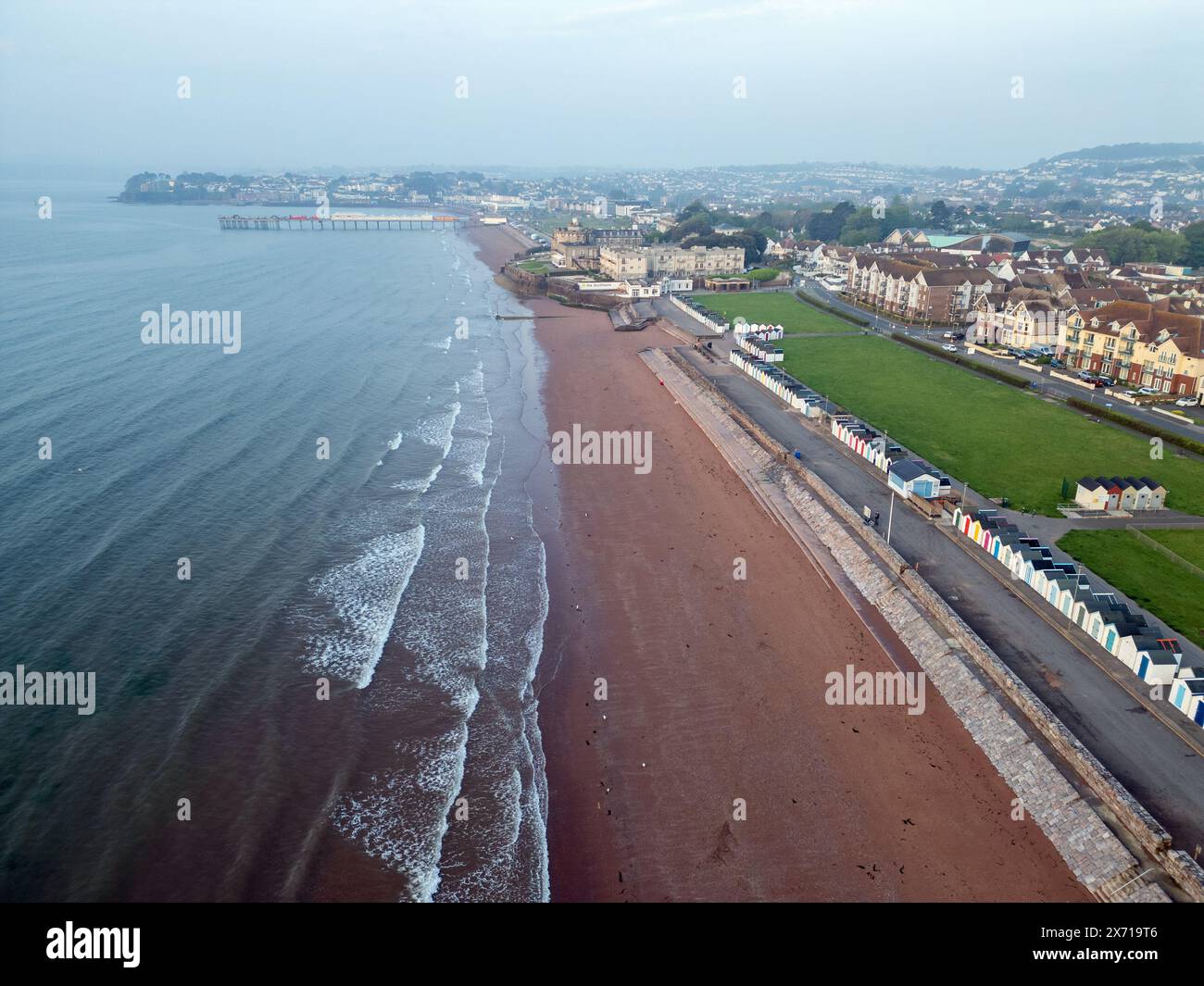 Aerial photograph of Preston Sands Beach and beach huts with Paignton ...