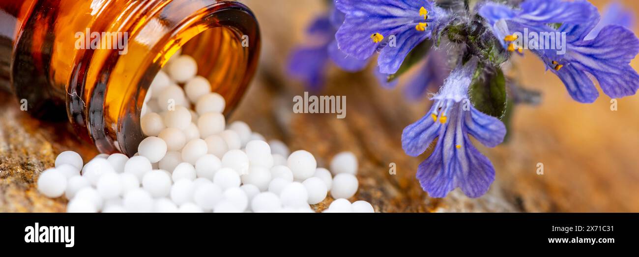 Naturmedizin mit Globuli Globuli werden in der Naturmedizin und Homöopathie als Heilmittel verwendet *** Natural medicine with globules Globules are u Stock Photo