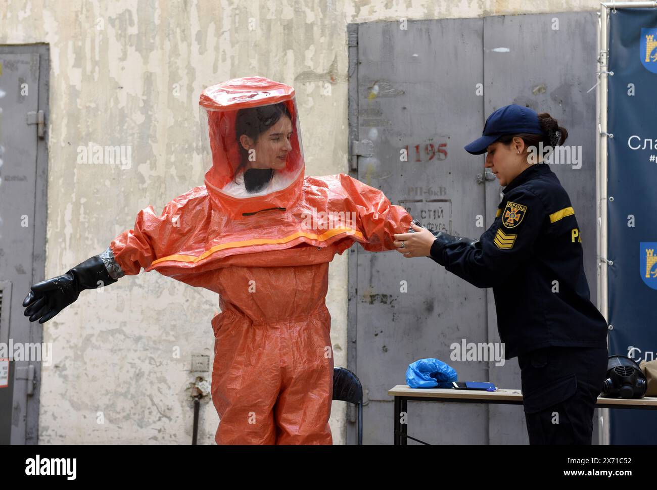 Lviv, Ukraine - September 8, 2022: Training for civilians what to do in a nuclear emergency in Ukraine. Stock Photo