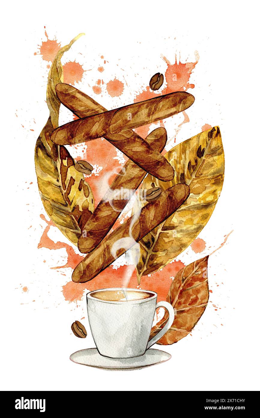 cigars and coffee with tobacco leaves drawn in watercolor, for cards,  posters, clipart Stock Photo