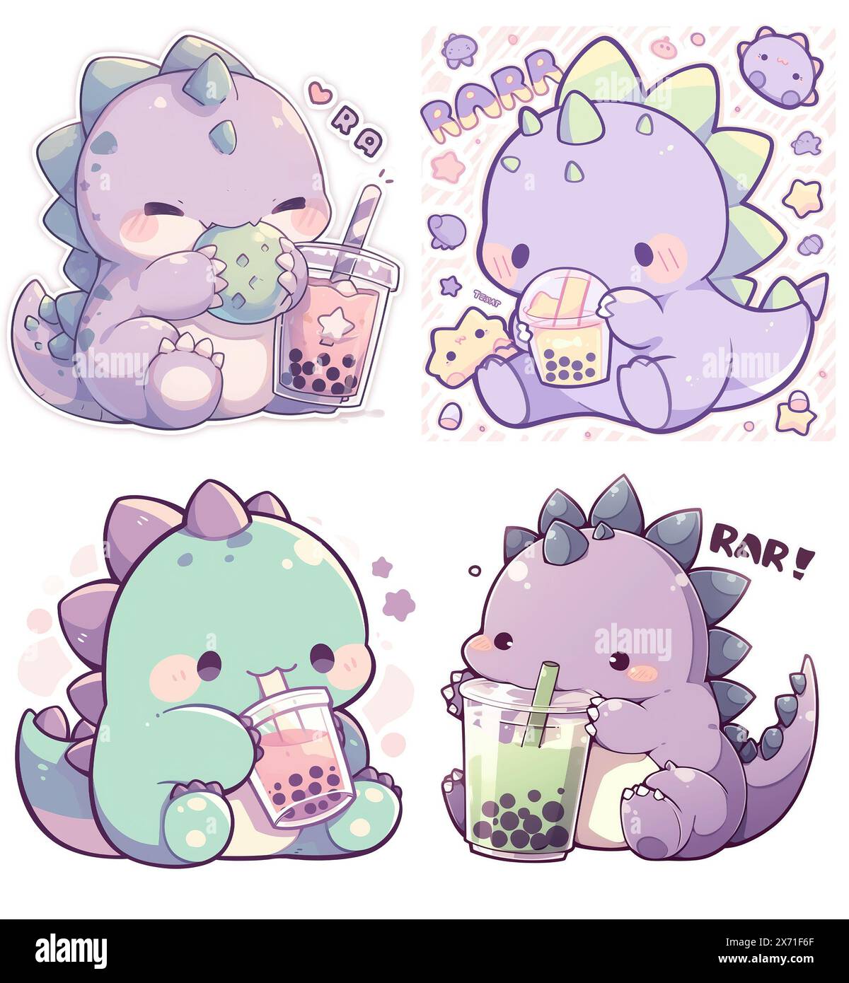 Boba tea dinosaur drinker Cute kawaii ilustrations for stickers, emotes twitch, room decoration, logo, graphics, clipart, isolated, character design, Stock Photo